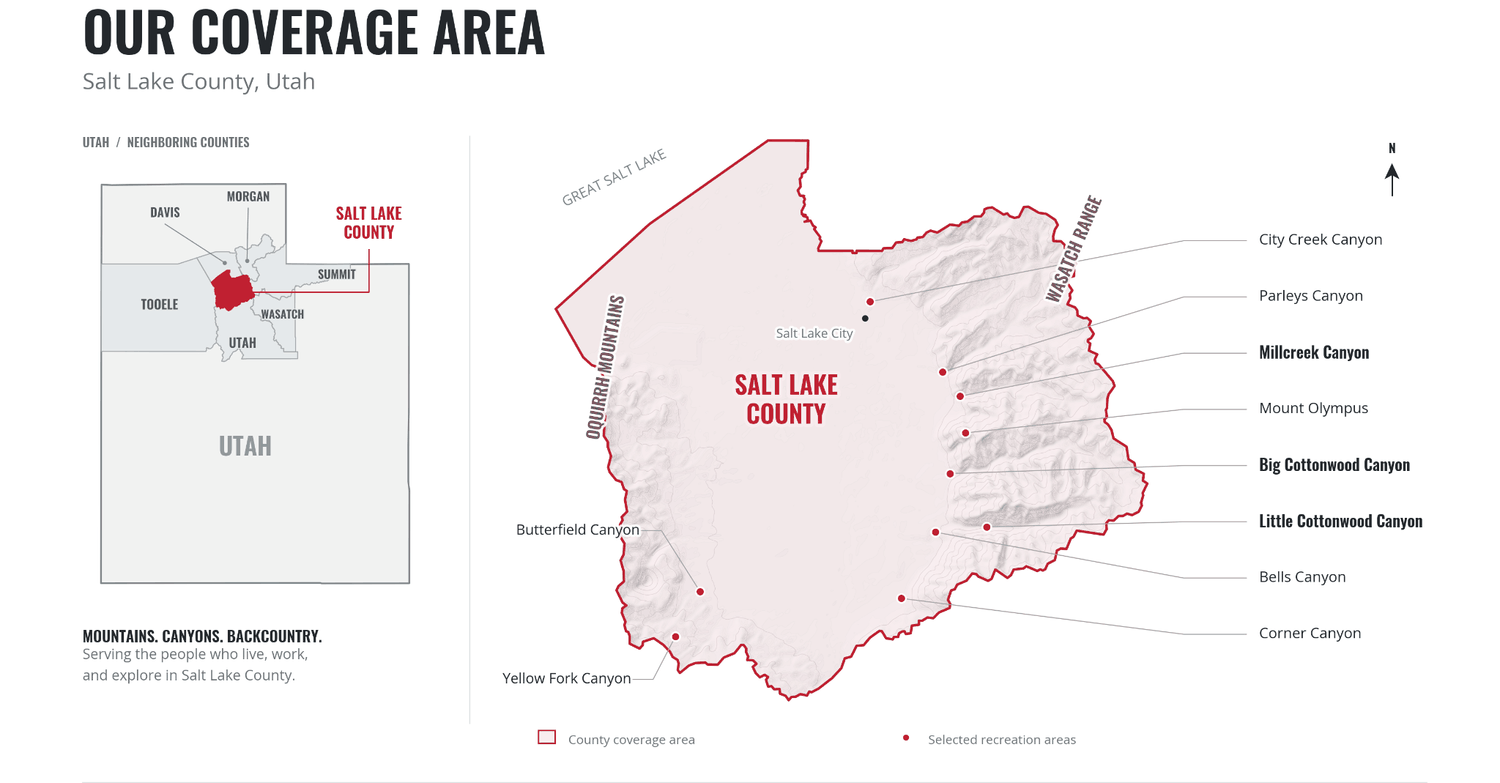 Map of Salt Lake County Search and Rescue coverage in Utah, highlighting the Cottonwood Canyons, Millcreek Canyon, Mount Olympus, and other recreation areas.