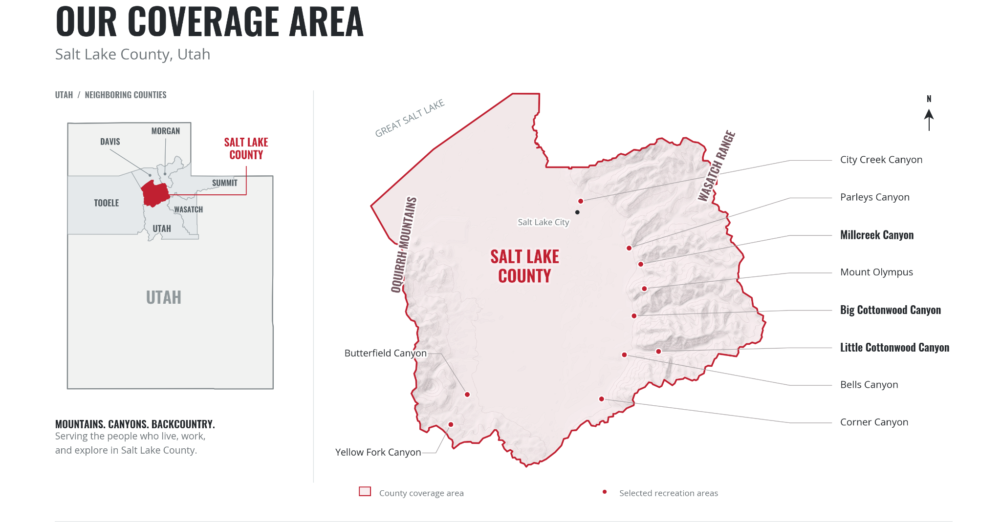 Map of Salt Lake County Search and Rescue coverage in Utah, highlighting the Cottonwood Canyons, Millcreek Canyon, Mount Olympus, and other recreation areas.