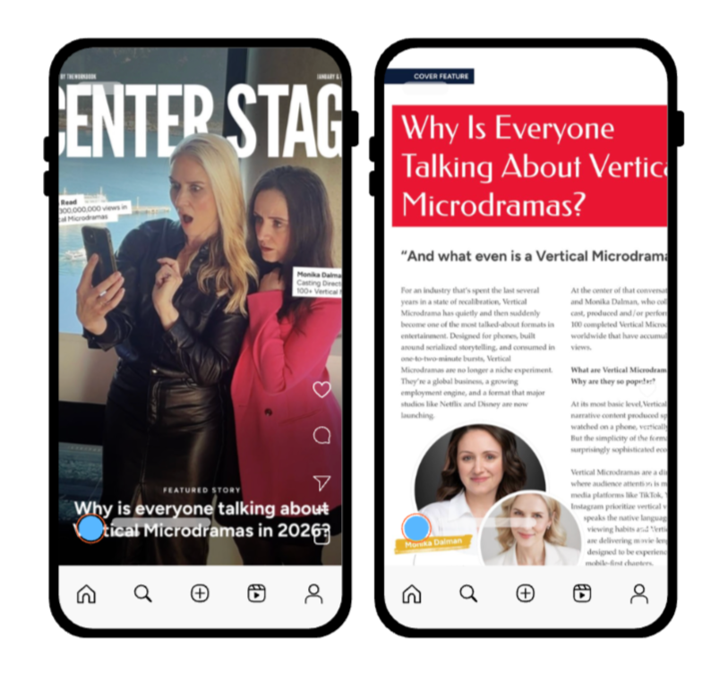 Instagram post showing two women, one with blonde hair in a leather jacket and the other with dark hair in a pink blazer, looking at a smartphone. The caption reads 'Why is everyone talking about Vertical Microdramas in 2026?' and the profile has a heart and comment icon.