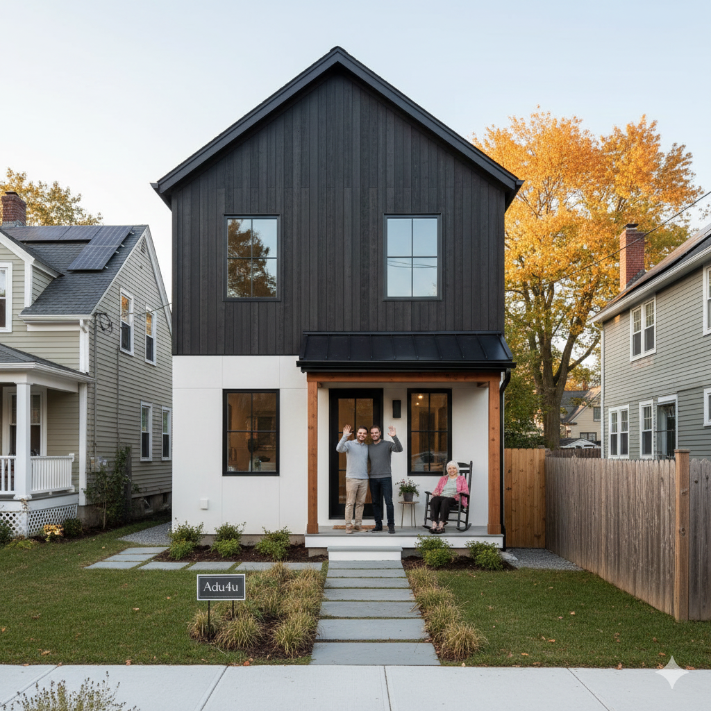 A modern two-story house with black and white exterior, a small front porch with two people and an elderly woman sitting in a rocking chair, and a landscaped front yard with a pathway and plants.