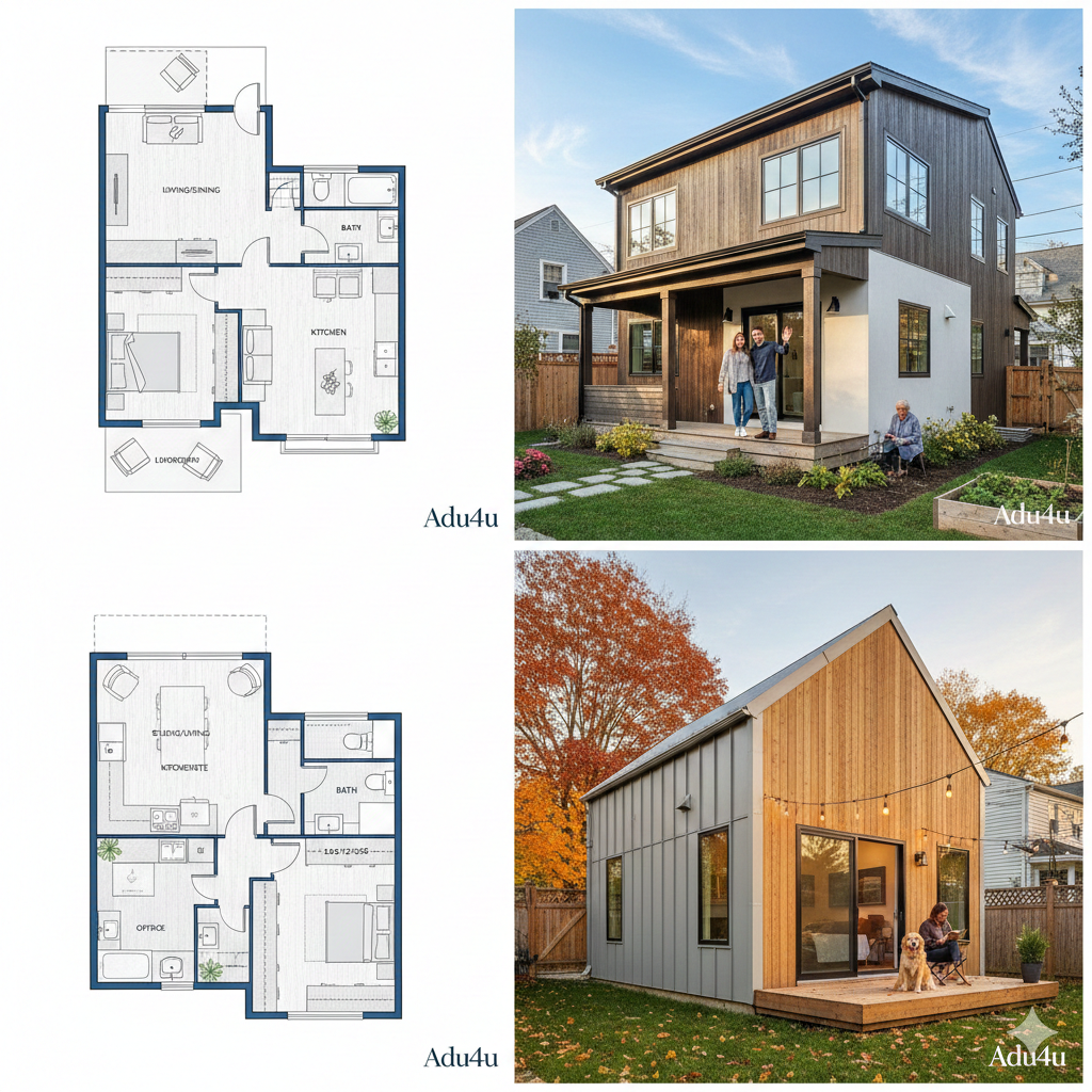 Two modern homes with architectural floor plans. The first house is a two-story building with a front porch, wooden siding, and large windows, with two people waving on the porch and a person sitting on the lawn. The second house is a smaller, contemporary cabin with vertical wooden siding, large windows, and string lights, with a woman and a dog sitting on the porch in the yard surrounded by fall foliage.