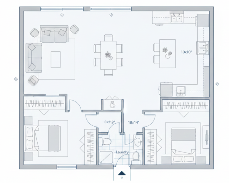 Floor plan of a house with two bedrooms, a living room, an open kitchen and dining area, a laundry room, and two bathrooms.