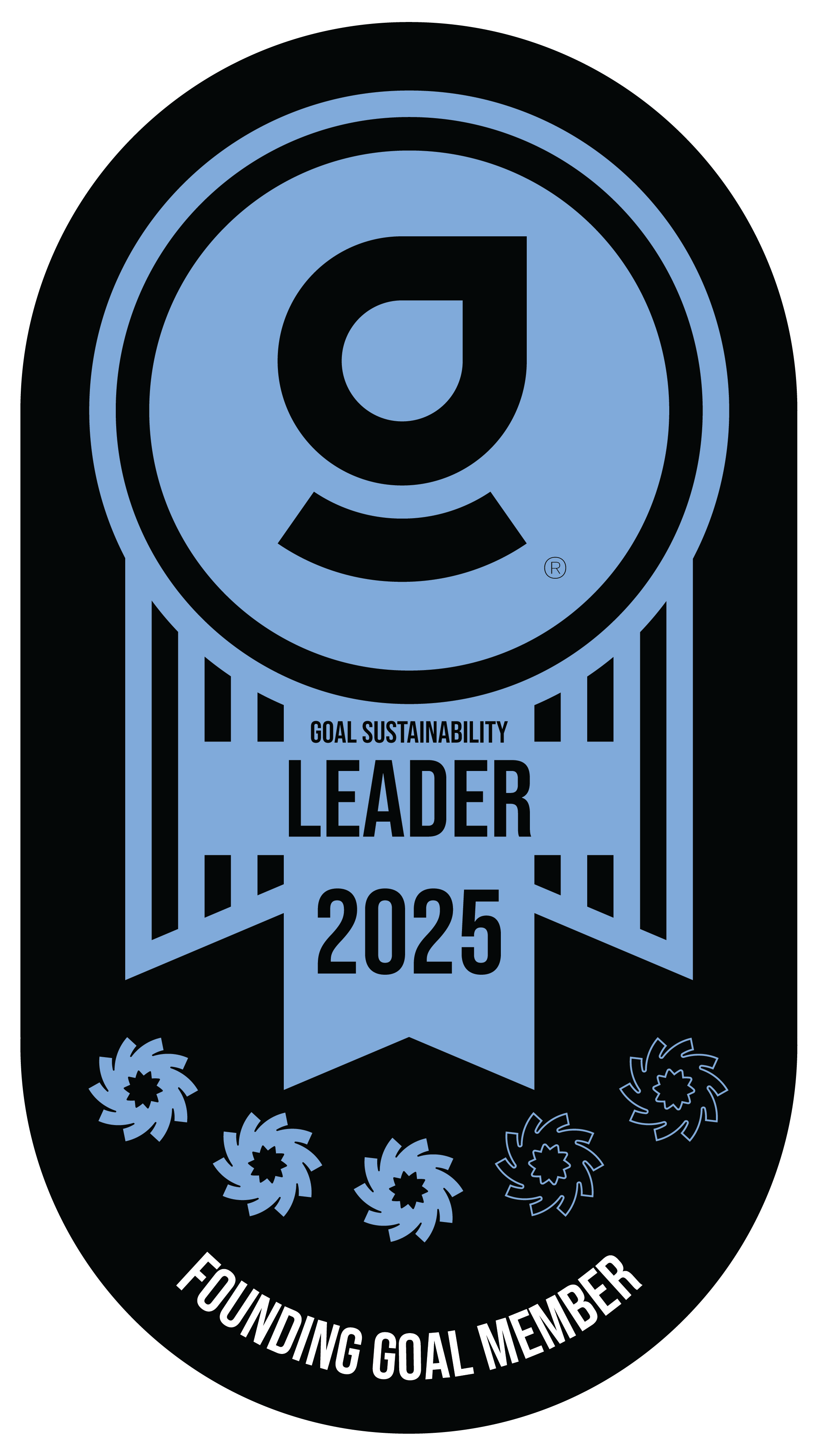 Blue achievement ribbon with 'Goal Sustainability Leader 2025' and 'Founding Goal Member' text, featuring a black and blue circular badge at the top and decorative elements at the bottom.