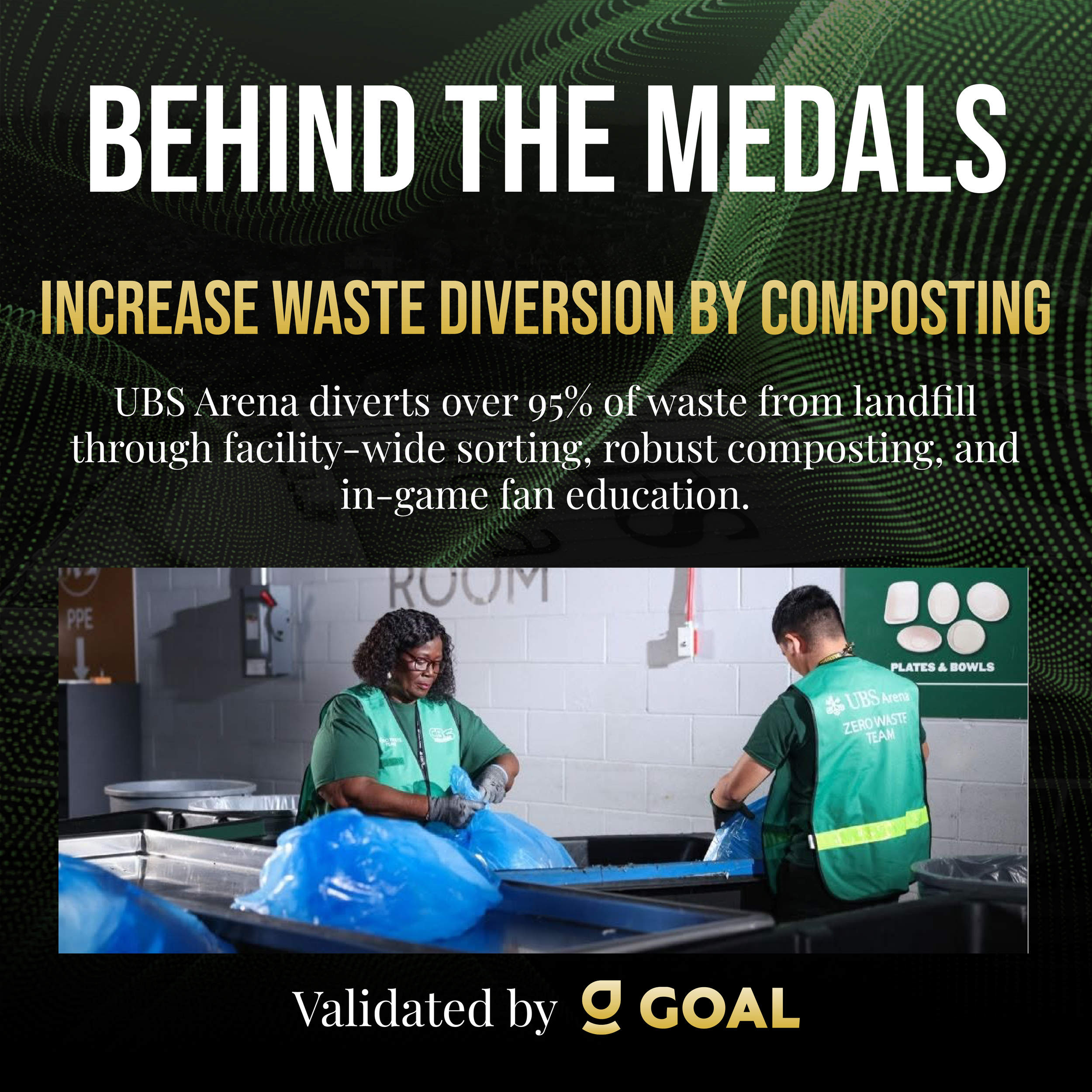 Two people sorting waste into blue recycling bags at UBS Arena Waste Management Facility.