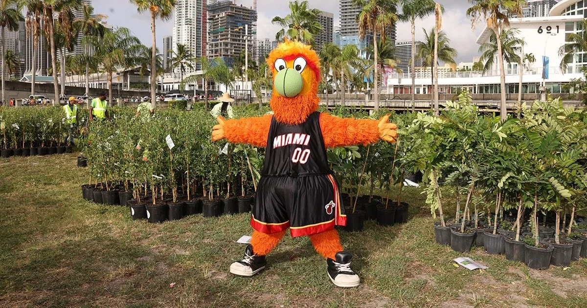 A mascot dressed as a basketball player in Miami Heat jersey, standing with arms outstretched on a grassy area with potted plants and trees, with city buildings and palm trees in the background.