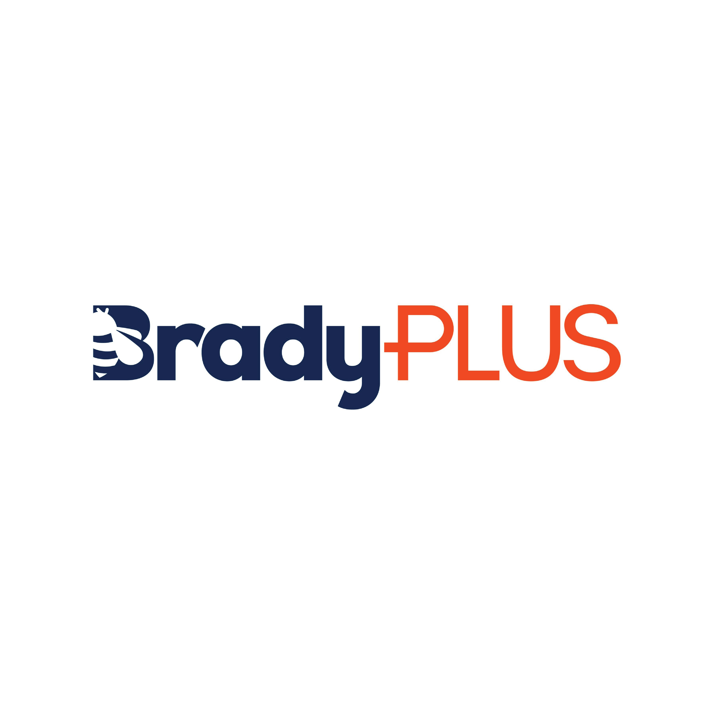 Brady Plus logo with the word Brady in navy blue and the word PLUS in red, featuring a beehive icon integrated into the letter B.