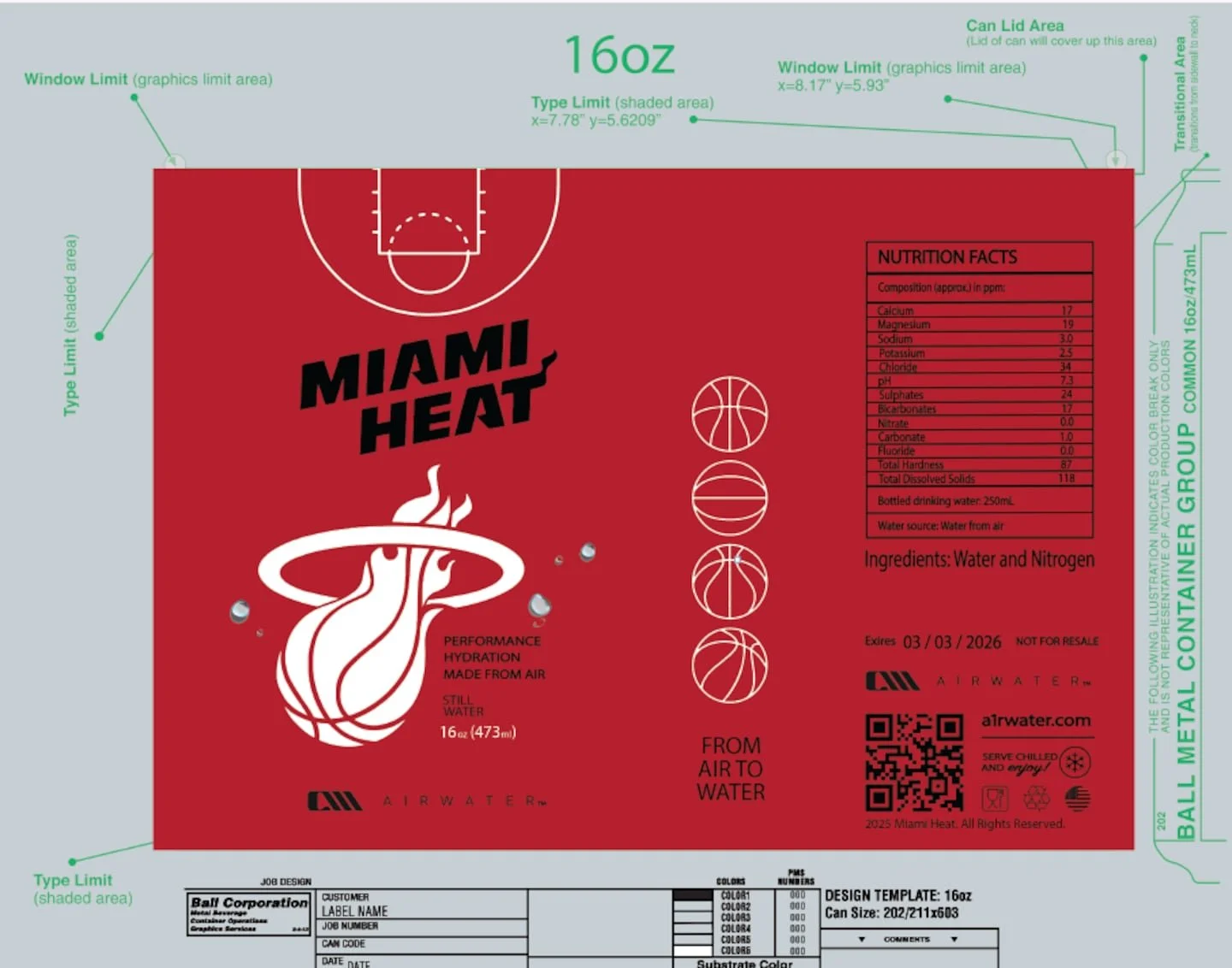 Red sports drink label for Miami Heat flavored water, with nutrition facts, ingredients, and barcode, designed with basketball and water-themed icons and green technical markings for printing.