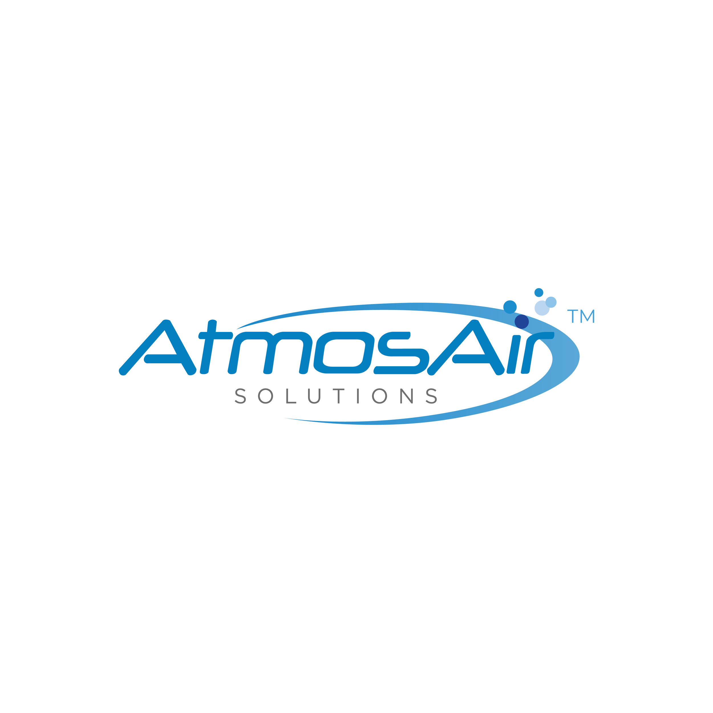 Logo for AtmosAir Solutions with blue text and swoosh design with bubbles