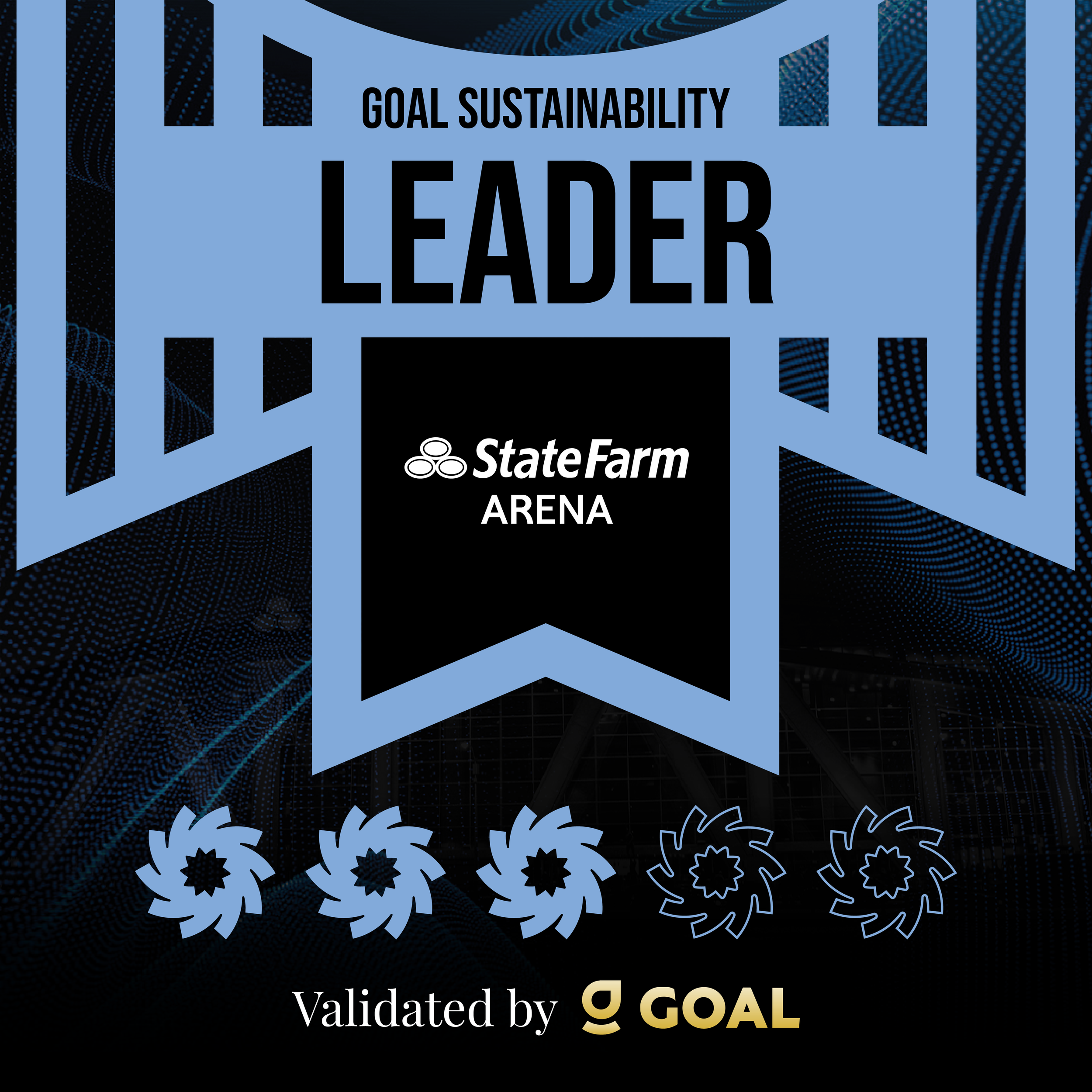Graphic announcing a goal leadership achievement at State Farm Arena, featuring a large blue and black banner with the words 'Goal Sustainability Leader' and the State Farm Arena logo, decorated with stylized blue fan icons and a goal validation symbol.