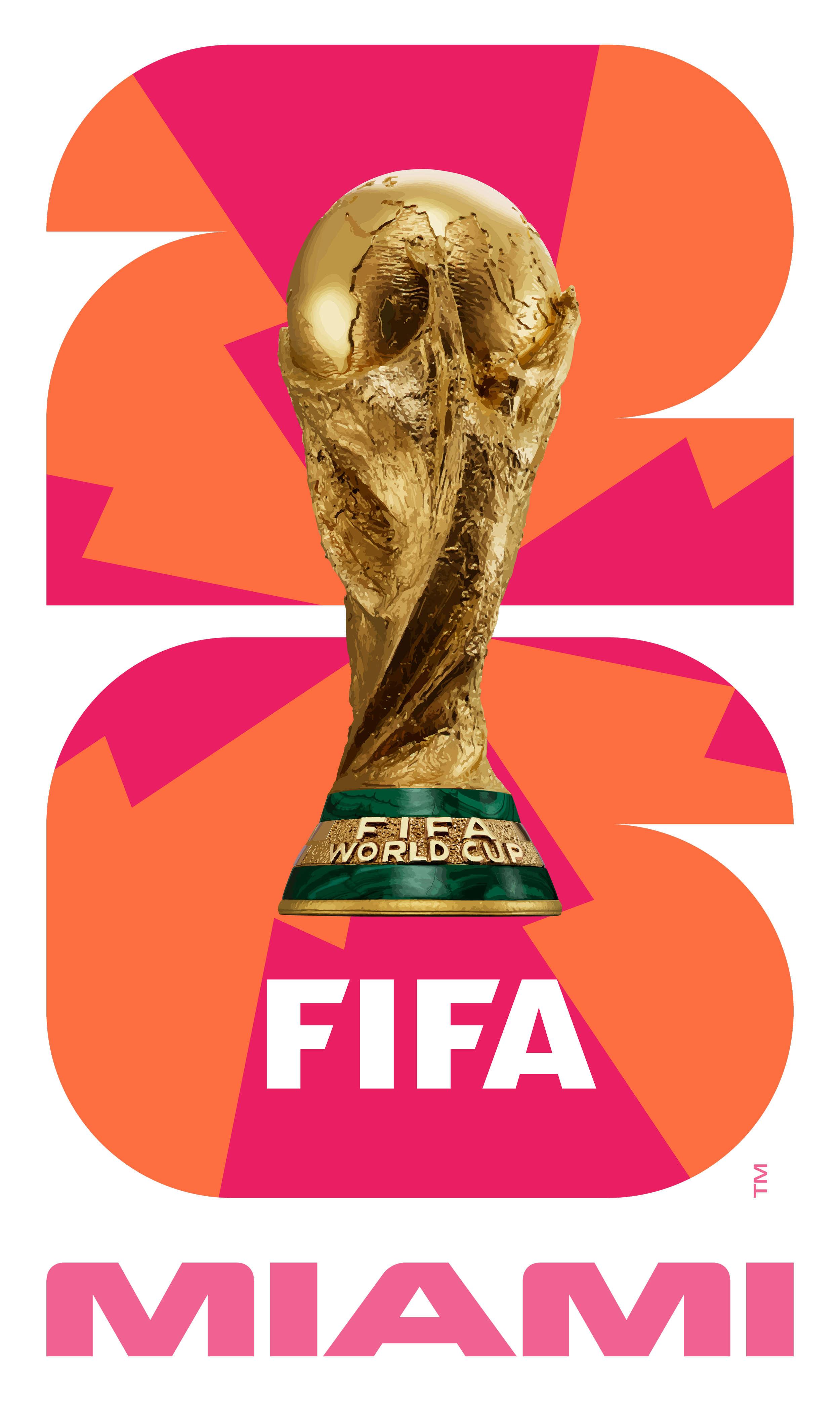 FIFA World Cup Miami logo with a gold trophy in front of a pink and orange background and text reading "FIFA Miami."