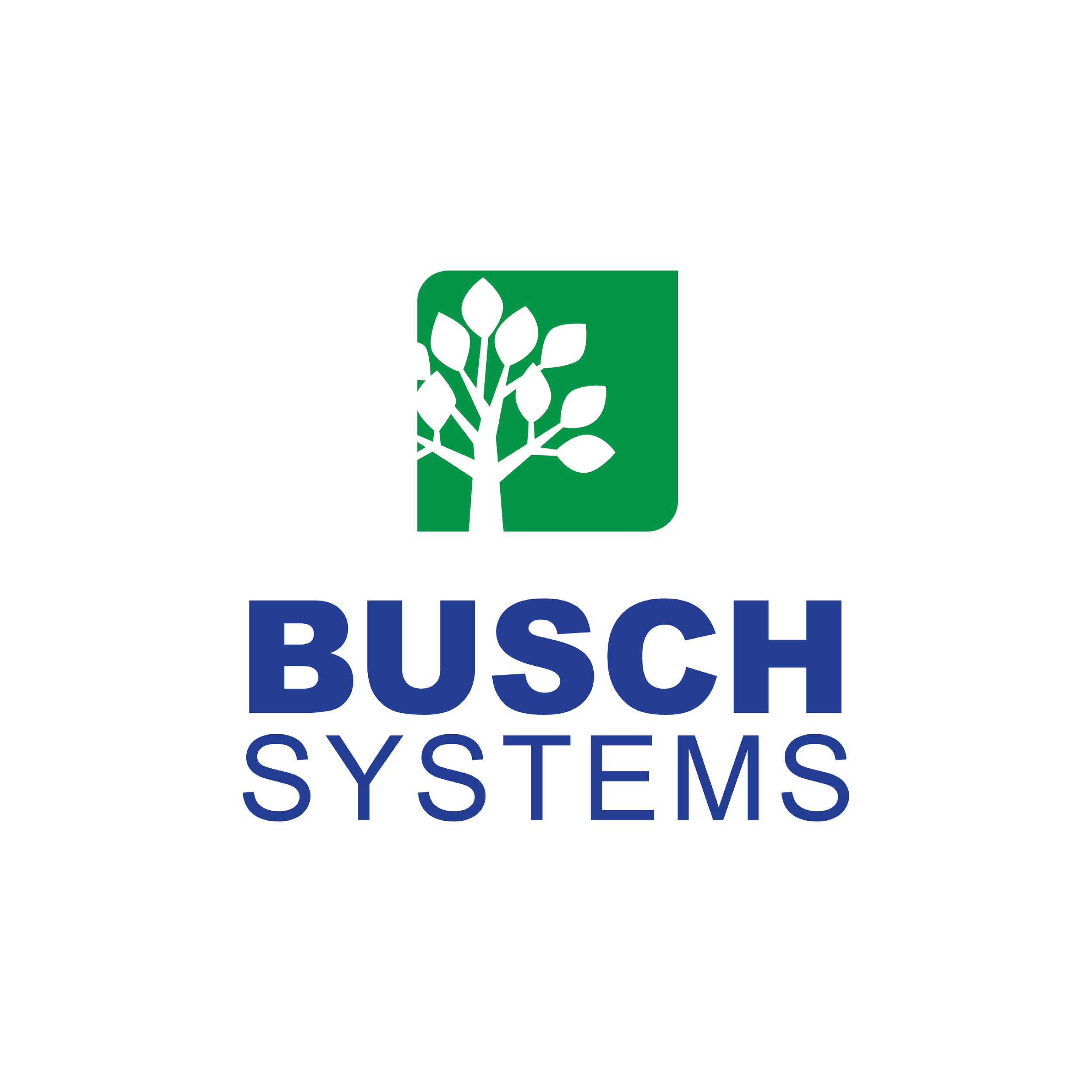Logo of Busch Systems with a green square containing a white tree icon and the company name written below in blue text.
