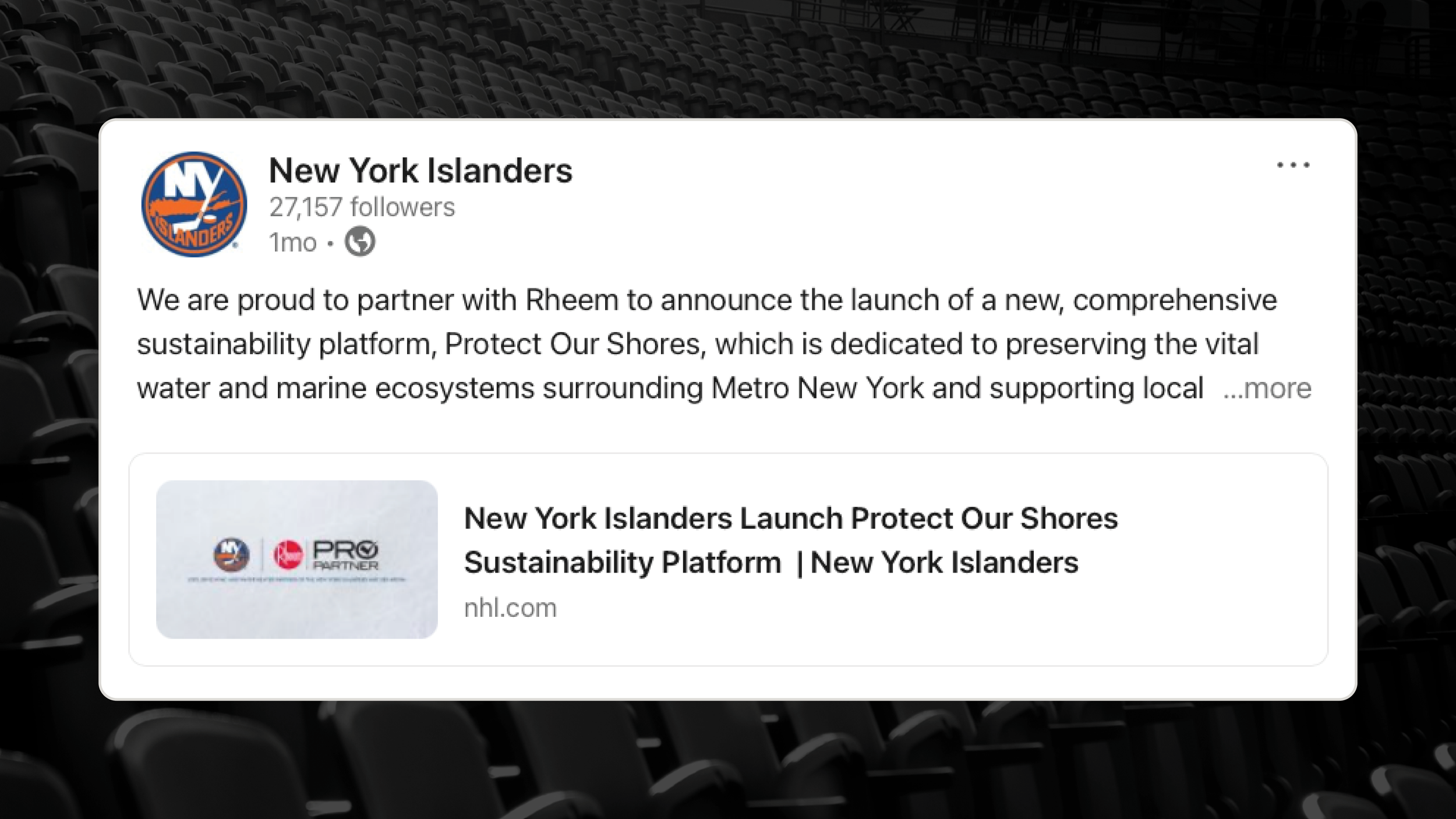 Social media post announcing the launch of a new sustainability platform called Protect Our Shores by the New York Islanders, with logos of the Islanders and a partner on a stadium background.