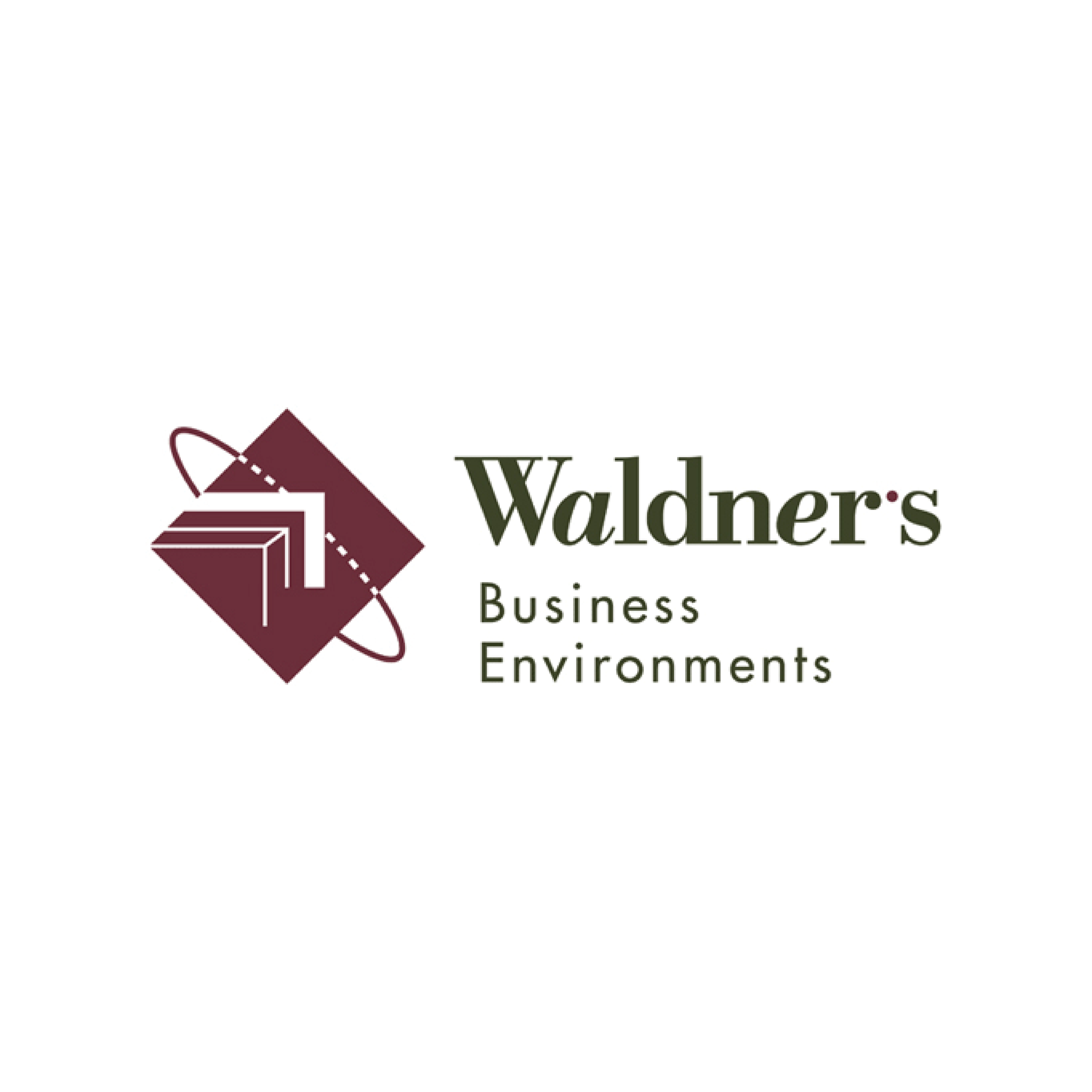 Logo for Walder's Business Environments featuring a stylized geometric design with squares, an orbit, and the company name.