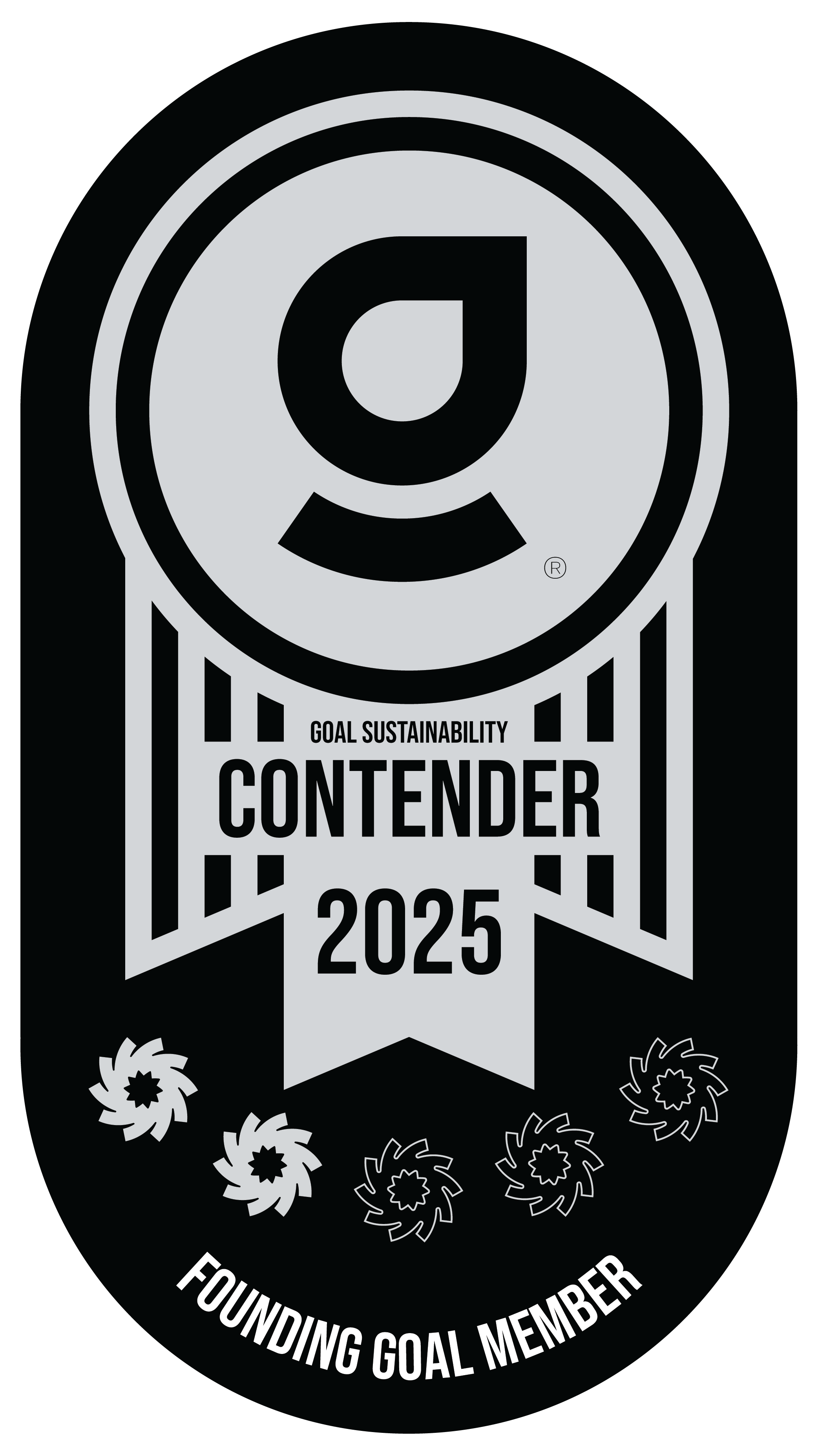 Black and white badge for the 2025 Goal Sustainability Contender award, featuring a circular logo, stylized flowers at the bottom, and the phrase 'Founding Goal Member'.
