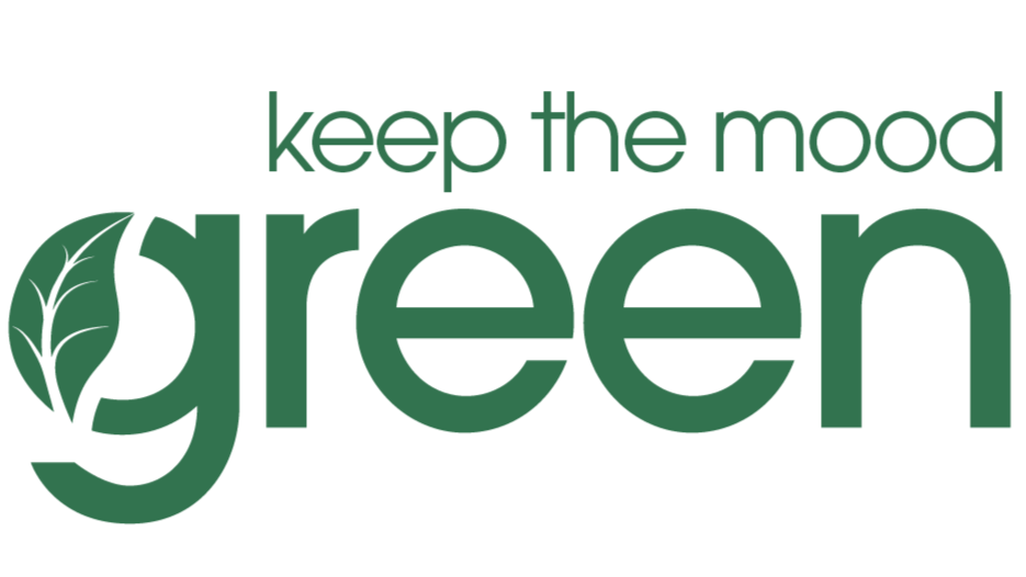 Typography design with the phrase 'keep the mood green' in green text, featuring a leaf as part of the letter 'g'.