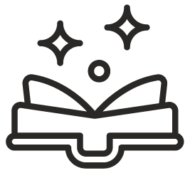 An open book with sparkles and a small circle above it.