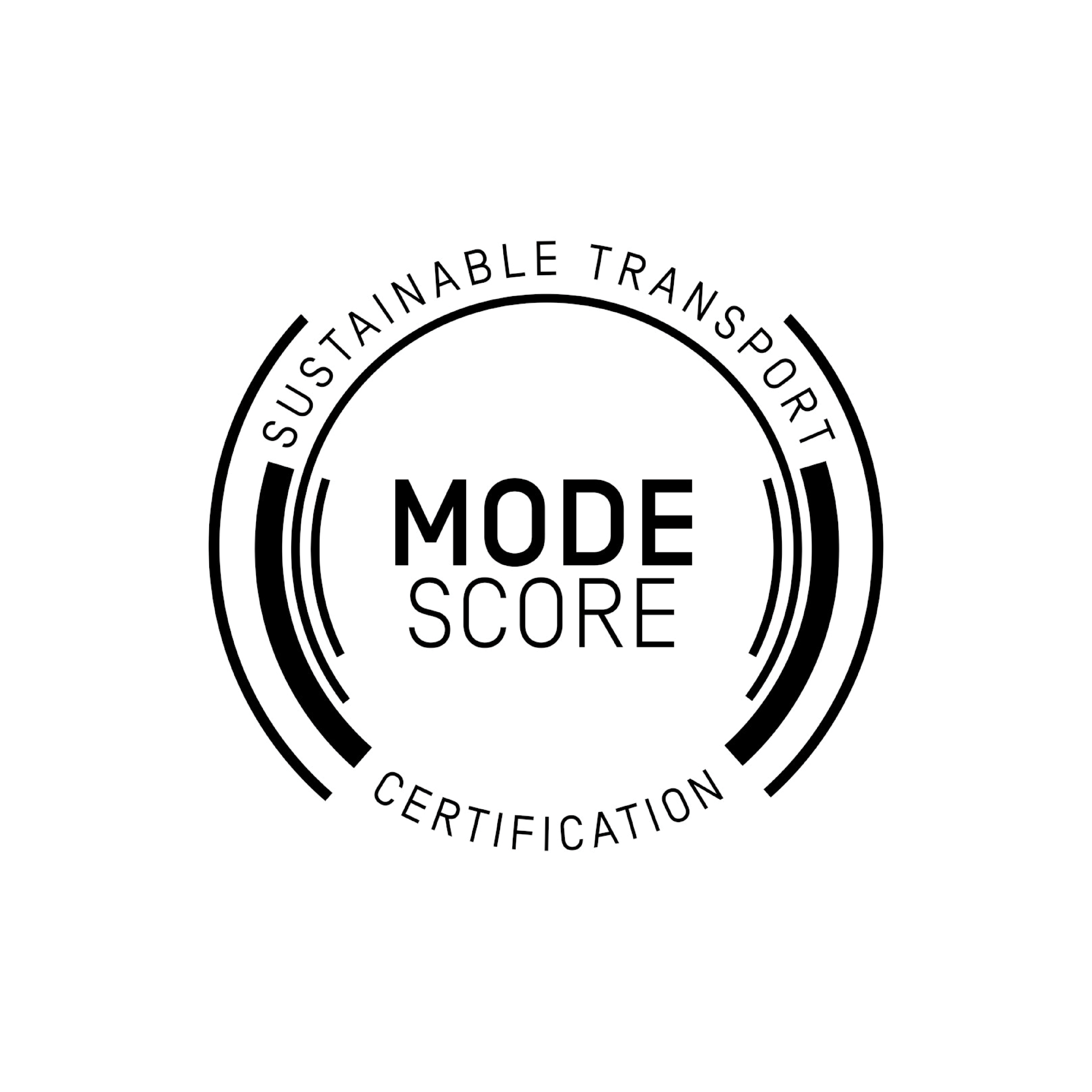 Black and white circular badge with the words 'Mode Score' in the center, surrounded by the phrases 'Sustainable Transport' and 'Certification'.