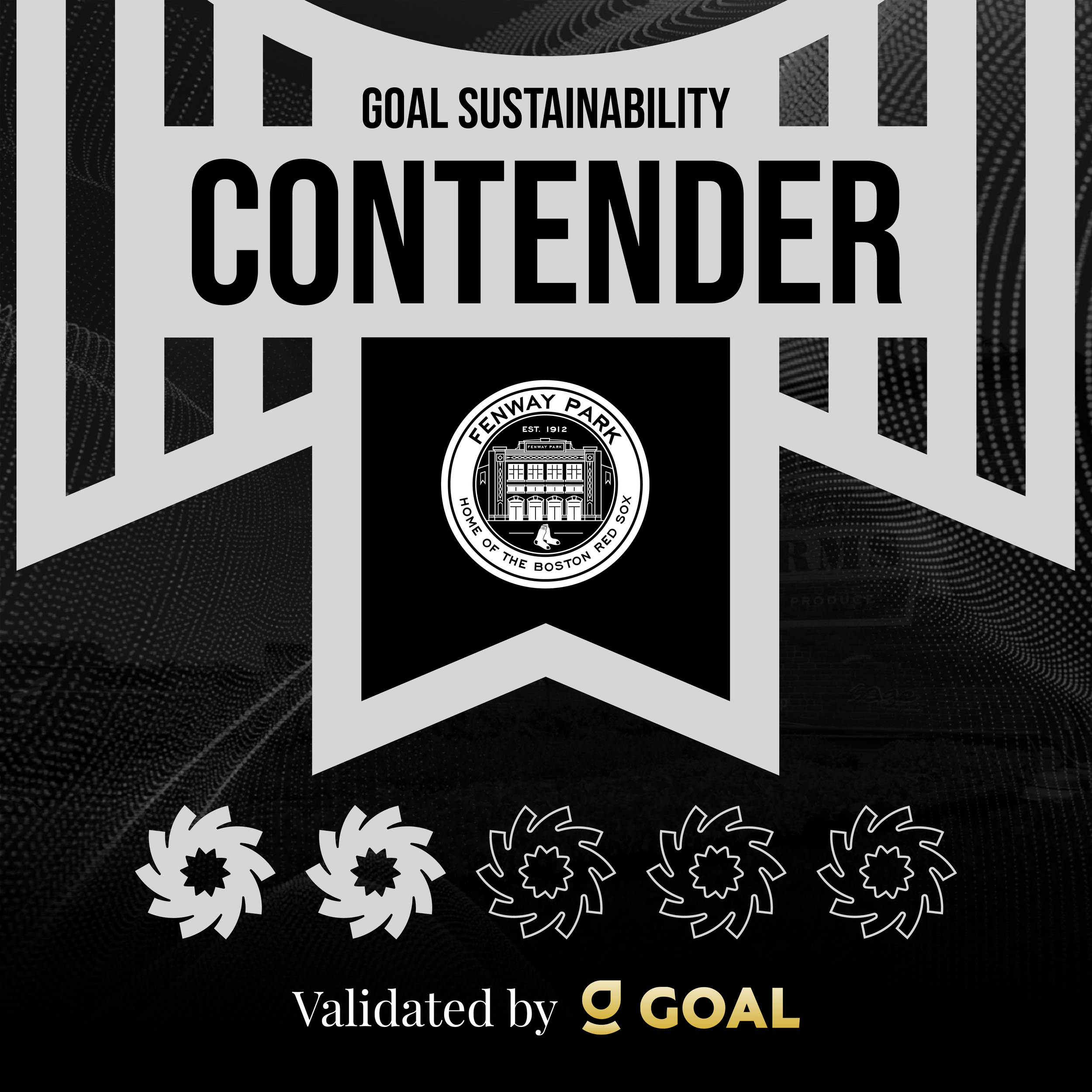 Black and gray banner with the words 'GOAL SUSTAINABILITY CONTENDER' at the top and the Fenway Park logo in the center. At the bottom, there are five star icons with the third one outlined, and the text 'Validated by GOAL' below.