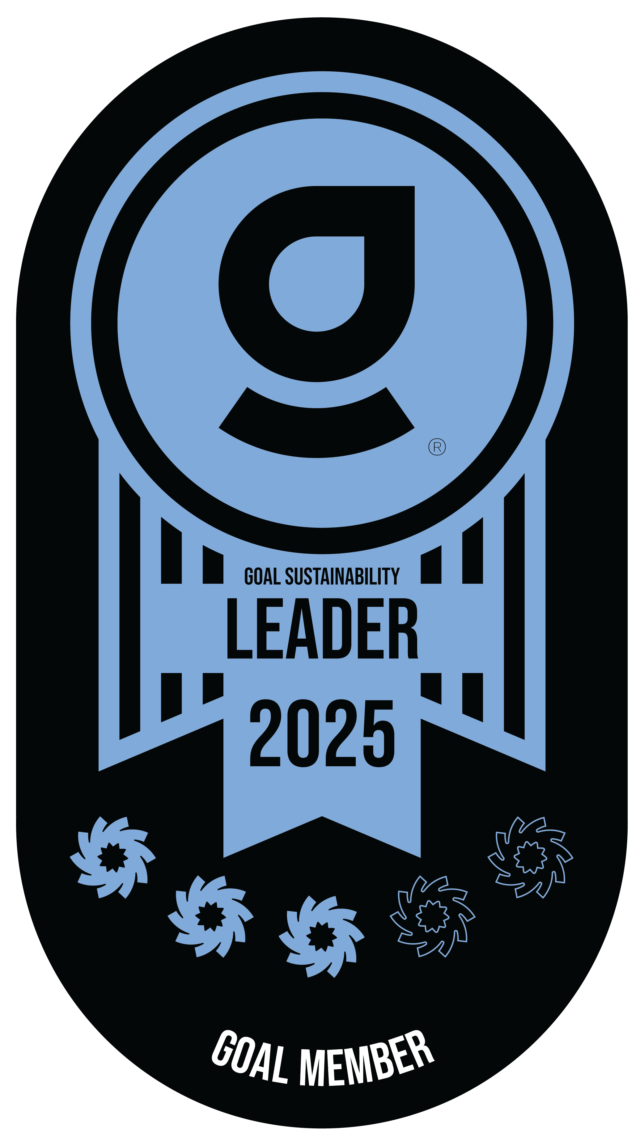 Blue and black goal sustainability badge with the text 'Goal Sustainability Leader 2025' and 'Goal Member' at the bottom.