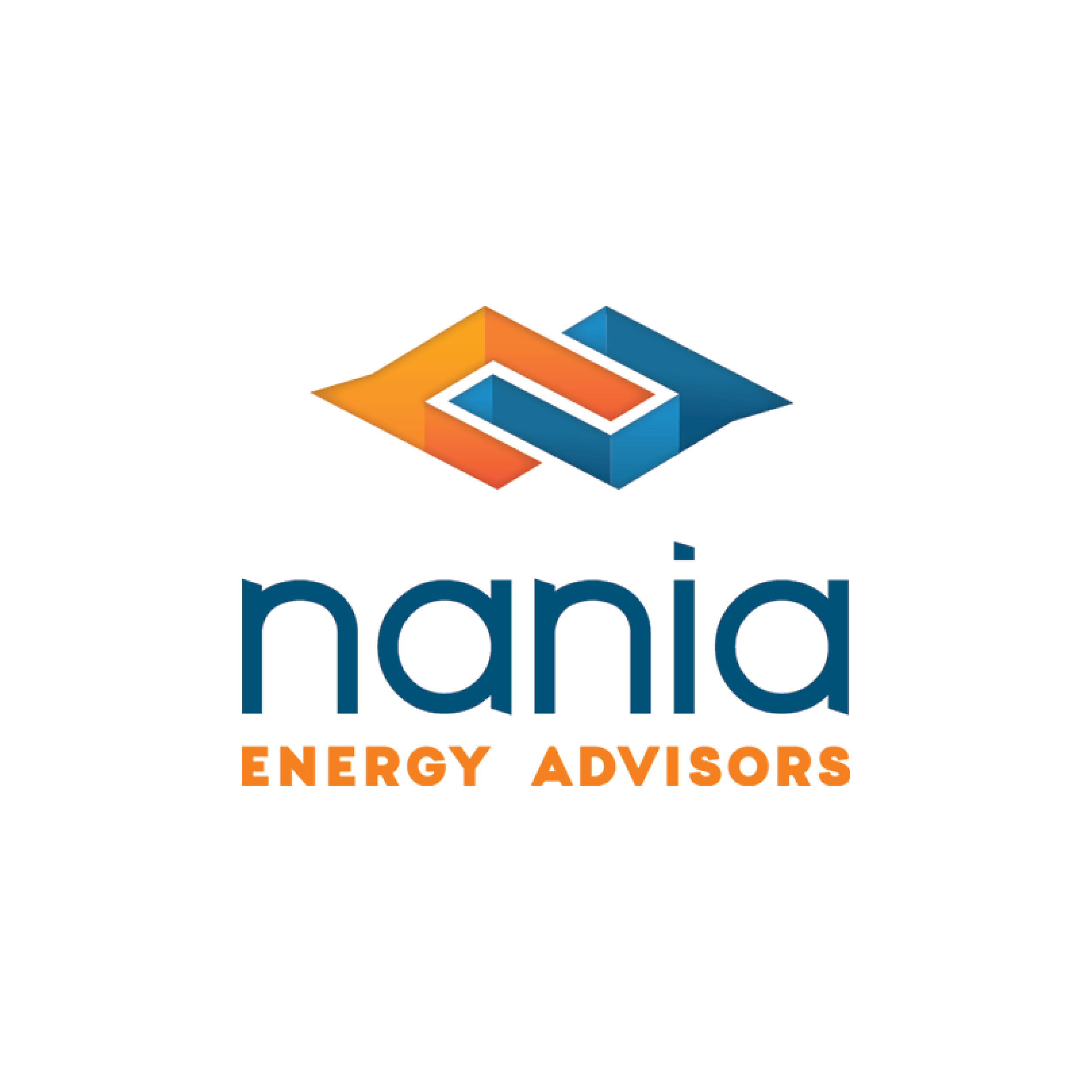 Logo for Nania Energy Advisors showing a geometric icon above the company name in lowercase blue letters, with 'Energy Advisors' written below in orange uppercase letters.