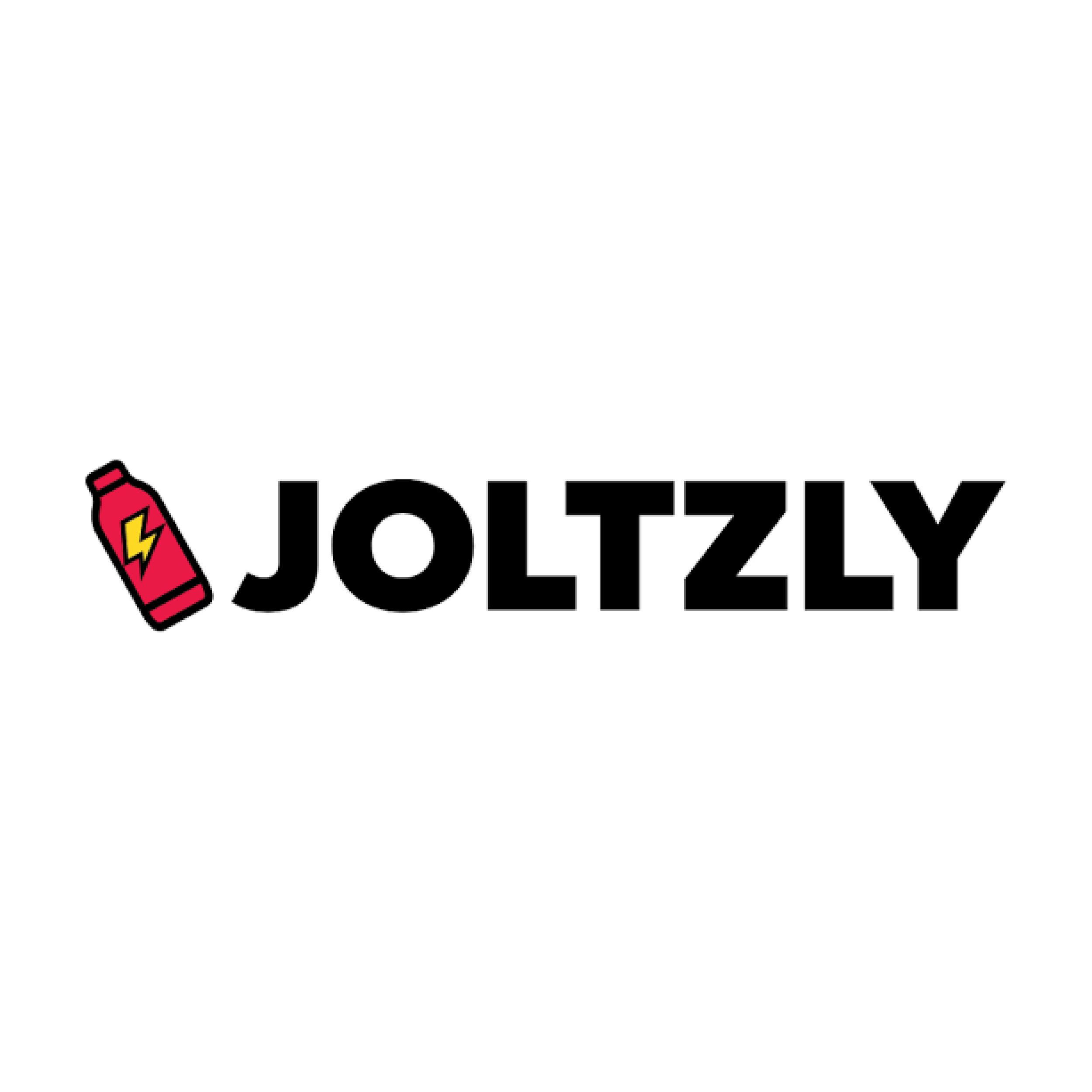 A white background with the word 'JOLTZLY' in bold black letters, accompanied by a pink energy drink bottle with a yellow lightning bolt symbol on it, tilted to the left.