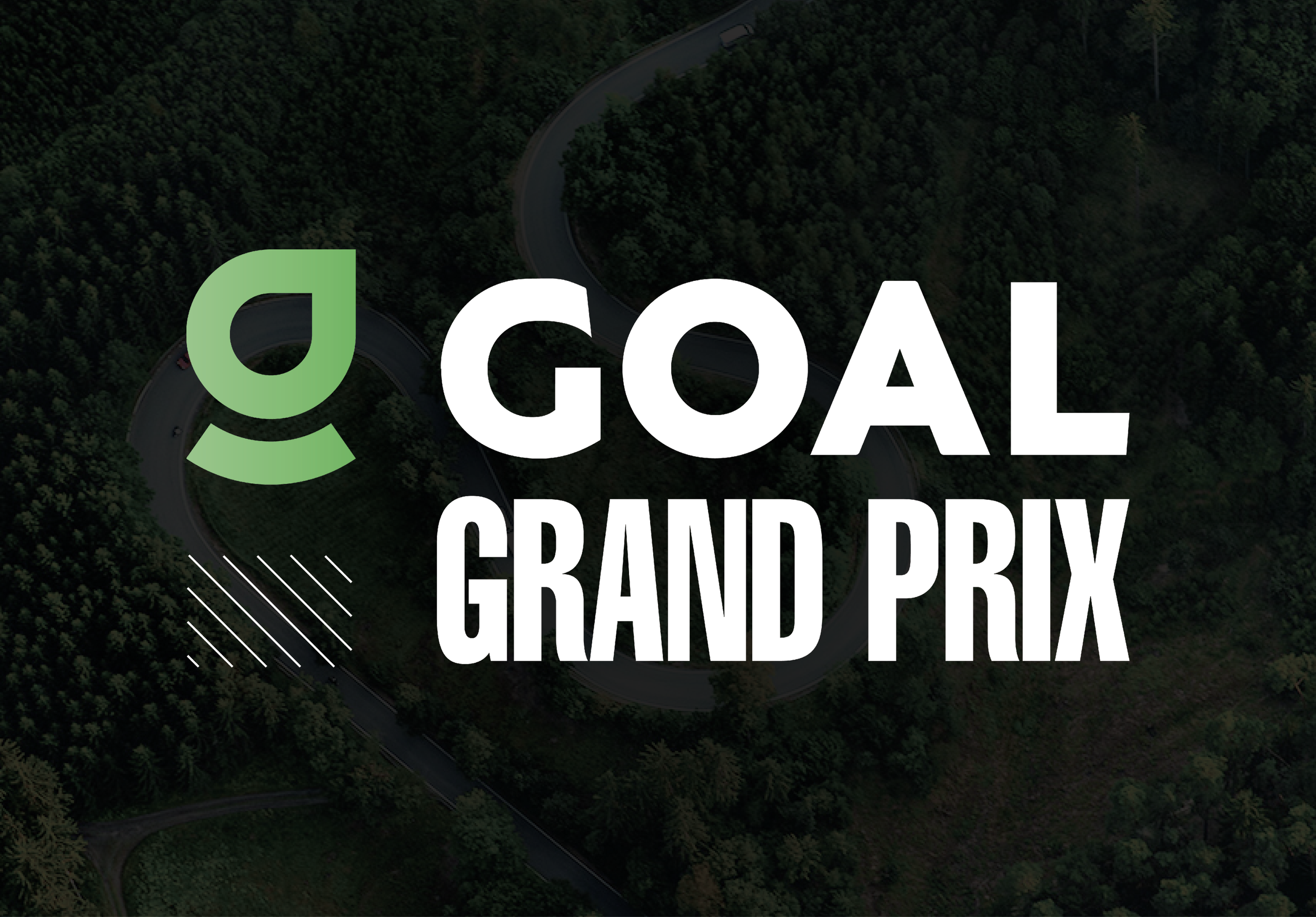 Text overlay on an aerial view of a winding forest road reads "Goal Grand Prix" with a green logo to the left.