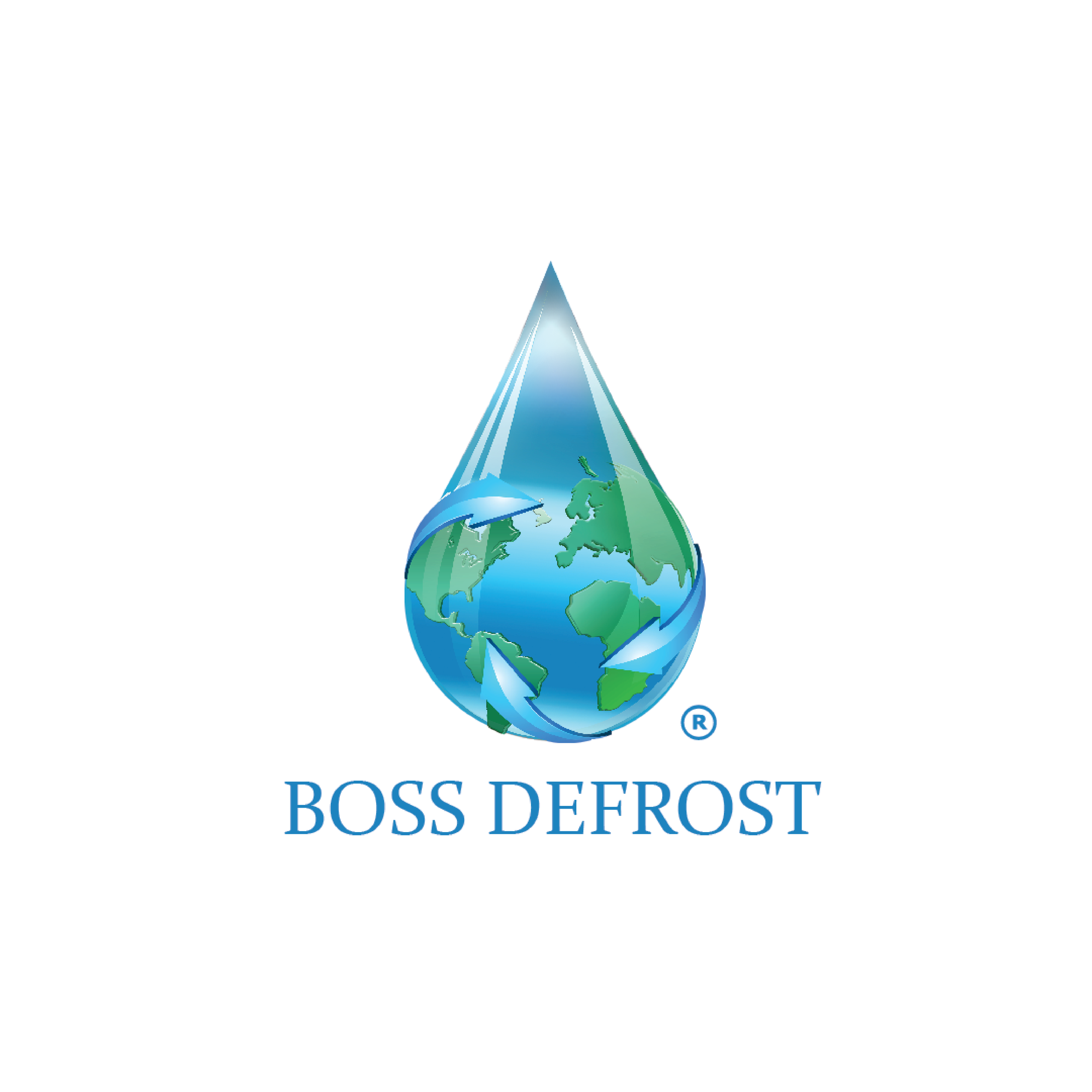 Logo of Boss Defrost with a dripping water drop graphic featuring a world map and the company name below.