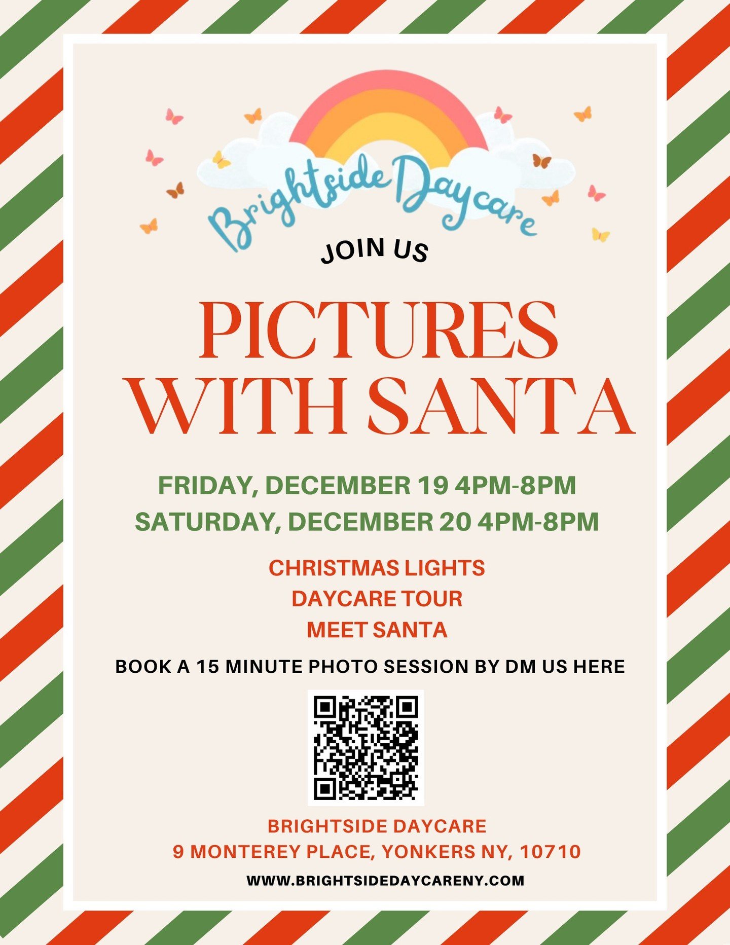 Brightside families, we&rsquo;re so excited to welcome you to our Pictures with Santa event! 🎅❤️
-
Come enjoy festive lights, meet Santa, and take a beautiful holiday photo.
Happening Dec 19 &amp; 20 | 4&ndash;8 PM at Brightside Daycare.
-
Scan the 