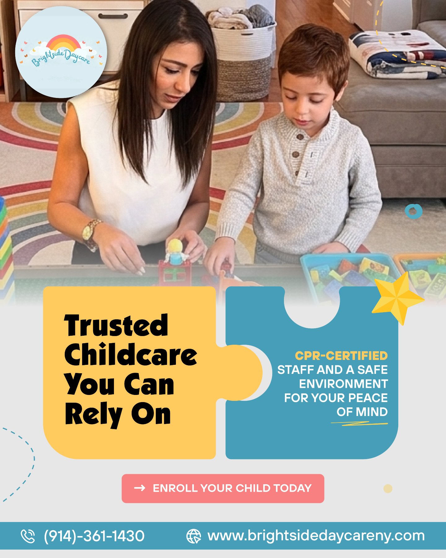 Your child deserves care you can truly trust. With certified staff and a secure environment, Brightside Daycare gives parents peace of mind every single day.
👉Enroll your child today
📞(914)-361-1430
🌐www.brightsidedaycareny.com
#TrustedChildcare #