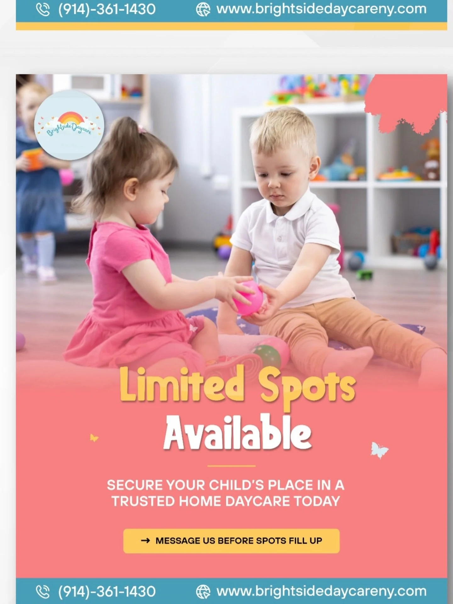 Spots are limited to maintain quality care. Secure your child&rsquo;s
place today and give them a safe, happy start.
👉👉 Message us before spots fill up
📞📞 (914)-361-1430 🌐🌐 www.brightsidedaycareny.com
#LimitedSpots #EnrollNow #DaycareYonkers #C