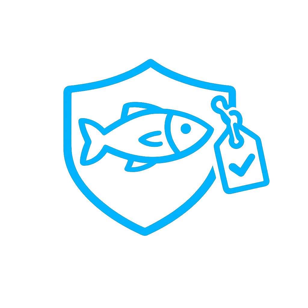 Trusted for Seafood Chain of Custody Icon Blue: Shied with Fish, Tag with Certification / Trust Checkmark