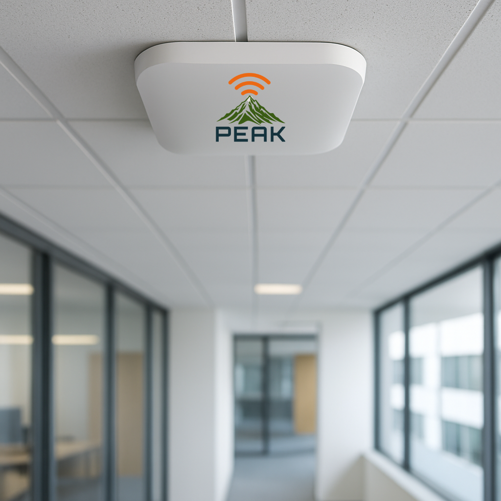 Ceiling-mounted device with PEAK logo, mountain icon, and Wi-Fi signal, in a modern office hallway with glass windows.
