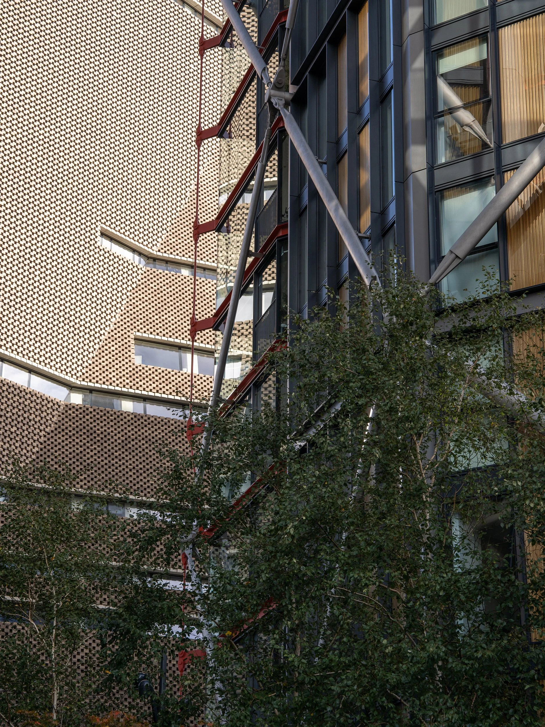 Close-up of urban building exterior featuring architectural details like metal beams, glass windows, and brick-patterned facades, with a tall tree in the foreground.