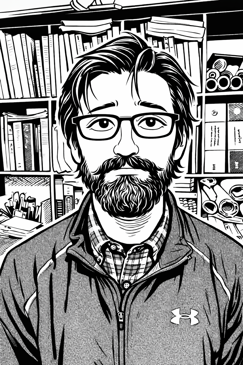 Black and white illustration of a man with glasses, a beard, and wavy hair, wearing a checked shirt and a zip-up jacket, standing in front of bookshelves filled with books, binders, and office supplies.