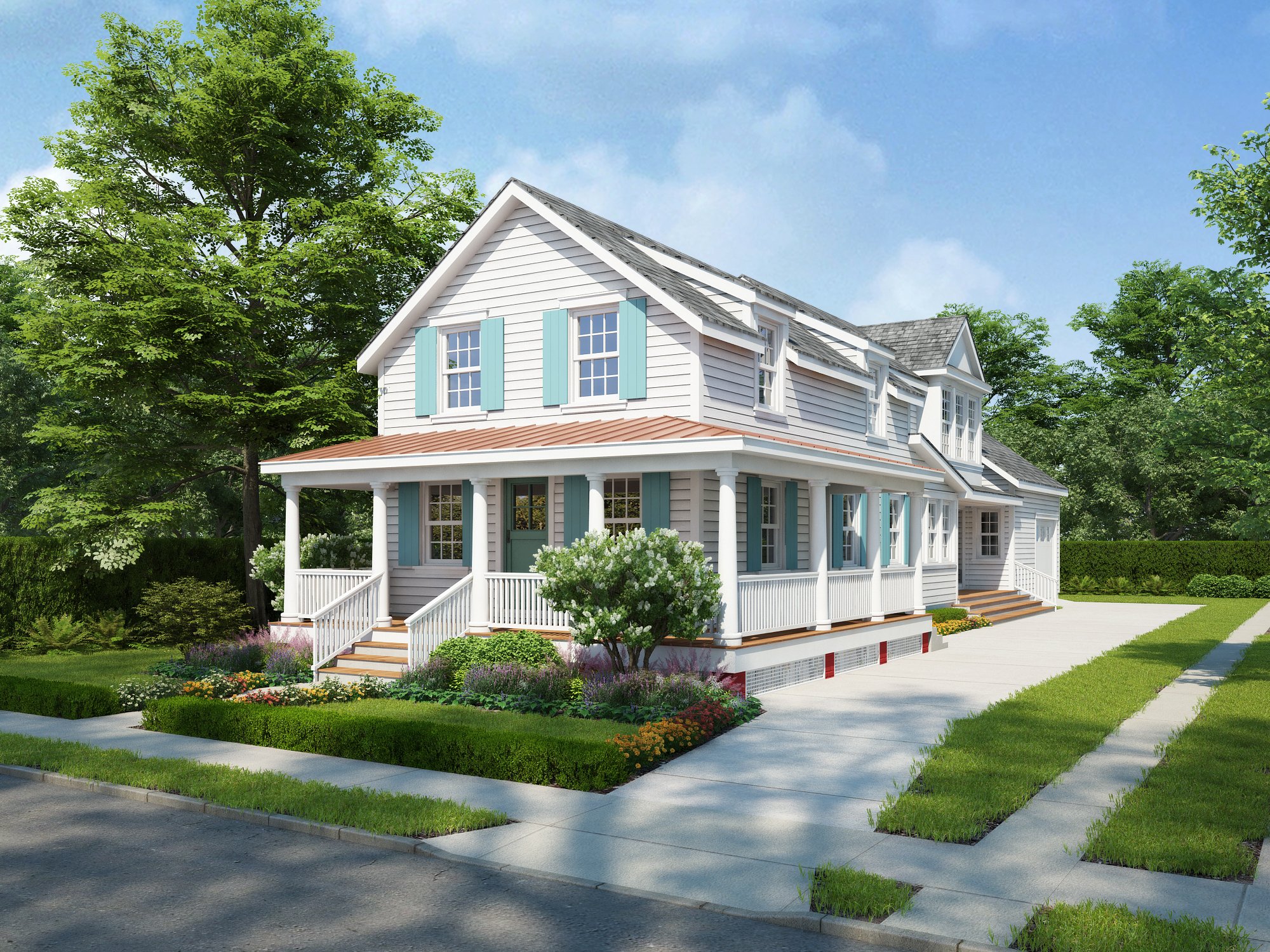 A two-story white house with blue shutters, a front porch, and a landscaped yard with bushes, flowers, and a sidewalk.
