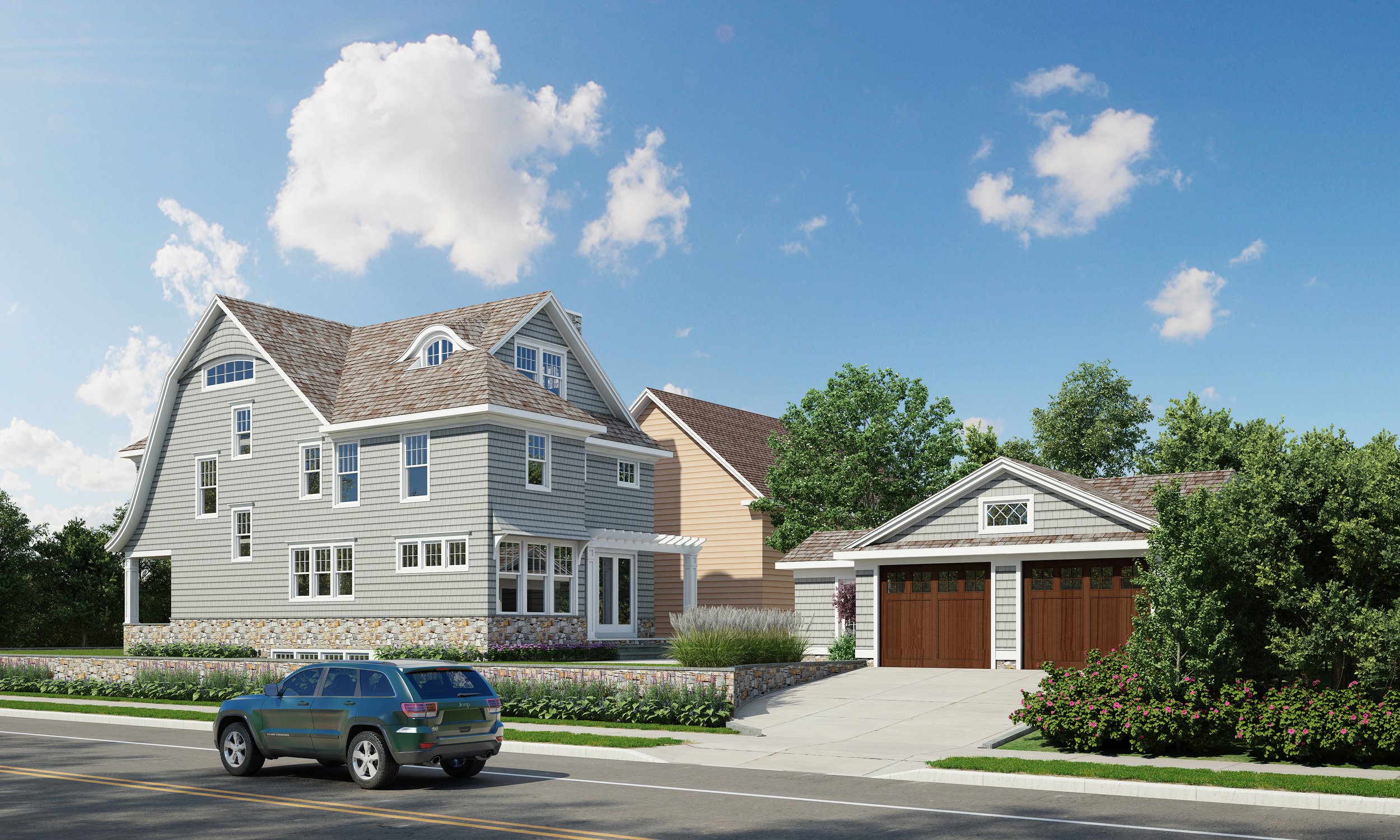 A modern residential house with a detached garage, a green lawn, and a black SUV parked on the street. The house features multiple windows, a stone foundation, and grey siding, with trees and a partly cloudy blue sky in the background.