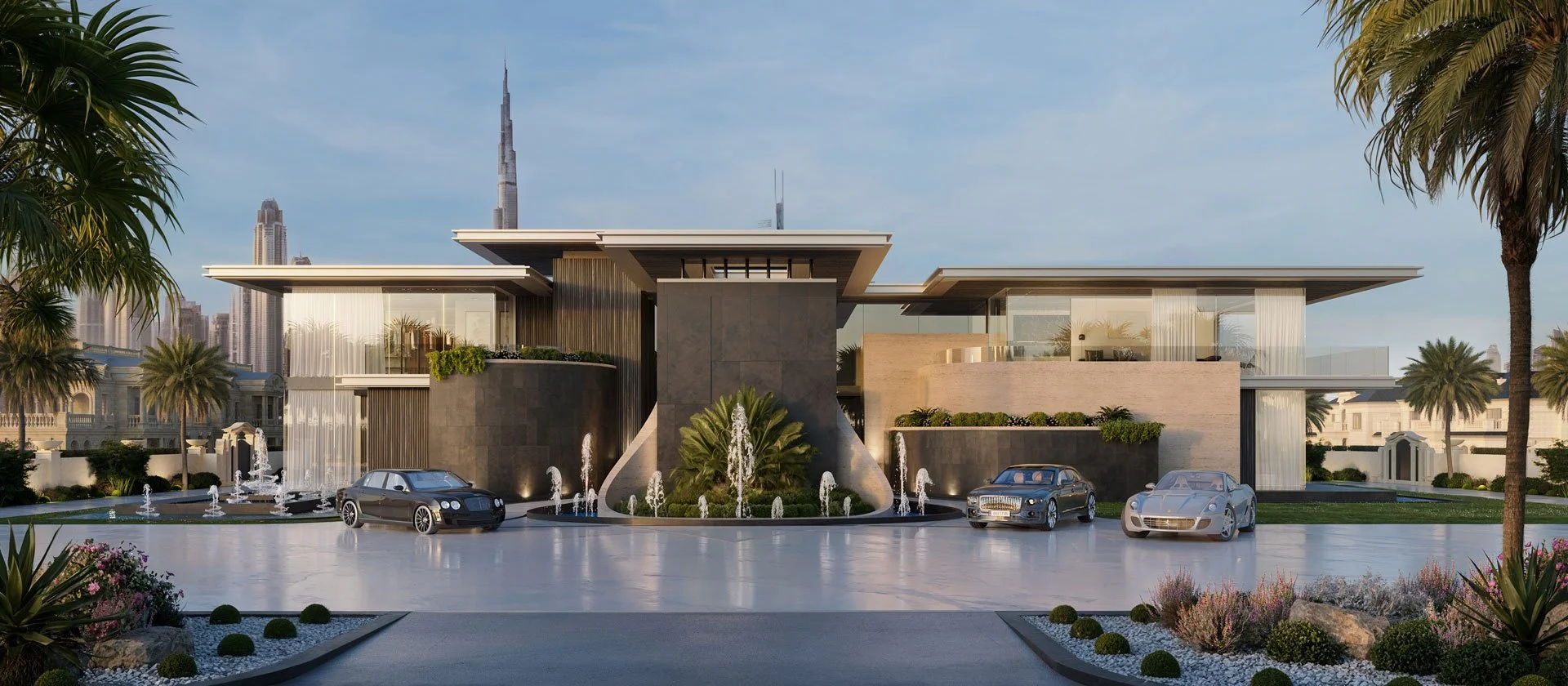 Photorealistic 3d render of a luxury modern mansion with fountains, palm trees, and three luxury cars parked in front, set against Dubai skyline.