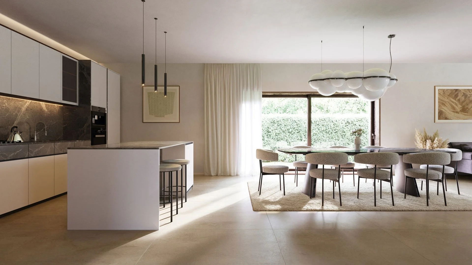Photorealistic 3D render of a modern open-plan kitchen and dining area with large window, round dining table surrounded by beige upholstered chairs, and a contemporary chandelier with white globes, in a light and neutral color scheme.