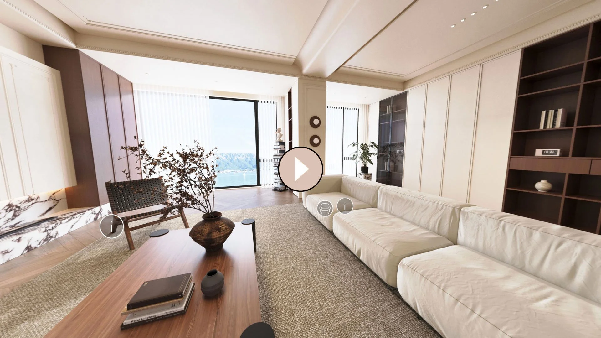 Photorealistic 360° render of a living room with large white sectional sofa, wooden coffee table with books and decorative vases, large window with mountain view.