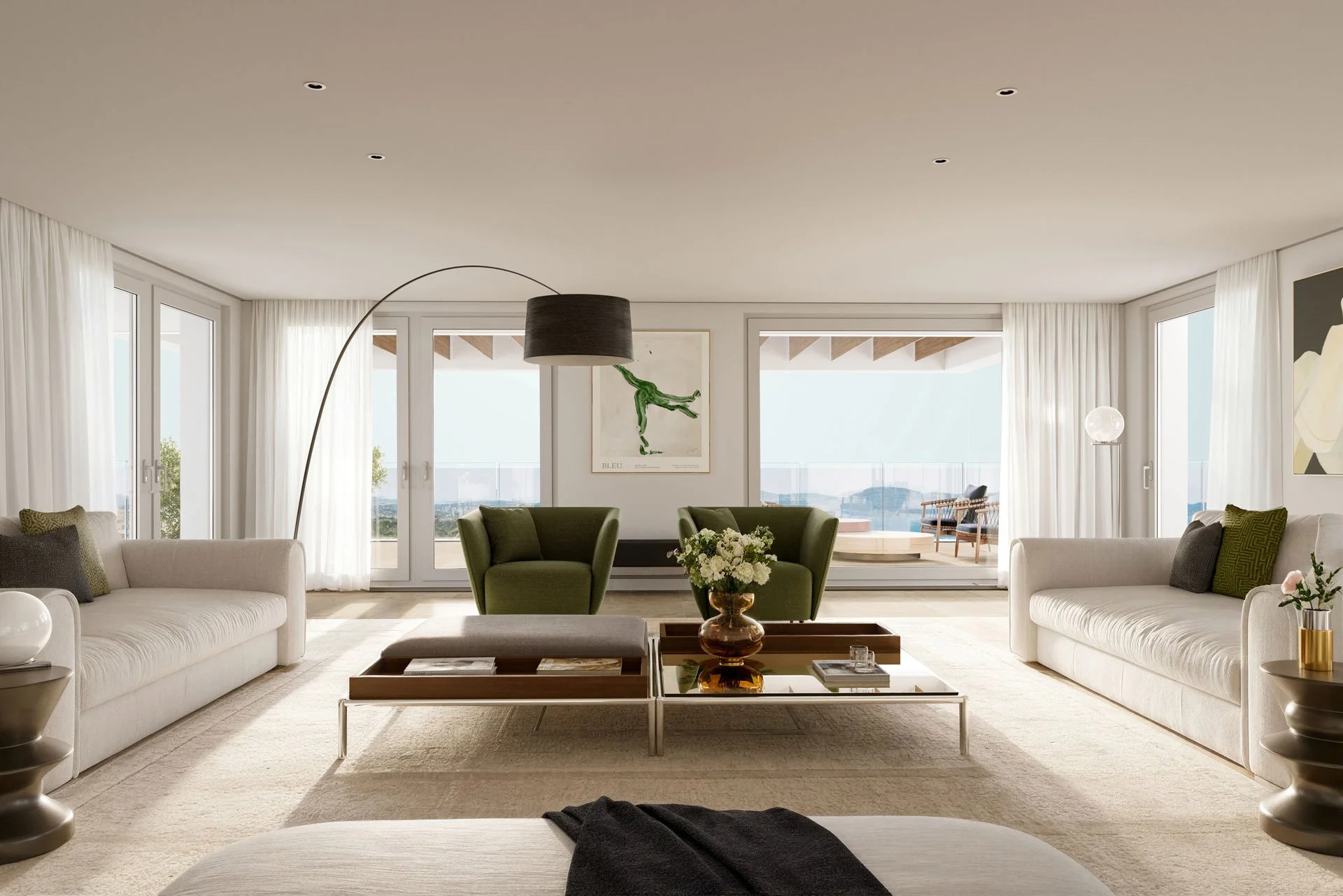 Photorealistic 3D render of a modern living room with white sofas, green armchairs, glass coffee table, and view of a balcony through sliding glass doors