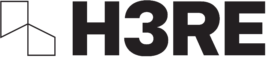 The image shows a logo with a geometric icon and the text H3RE in bold uppercase letters.