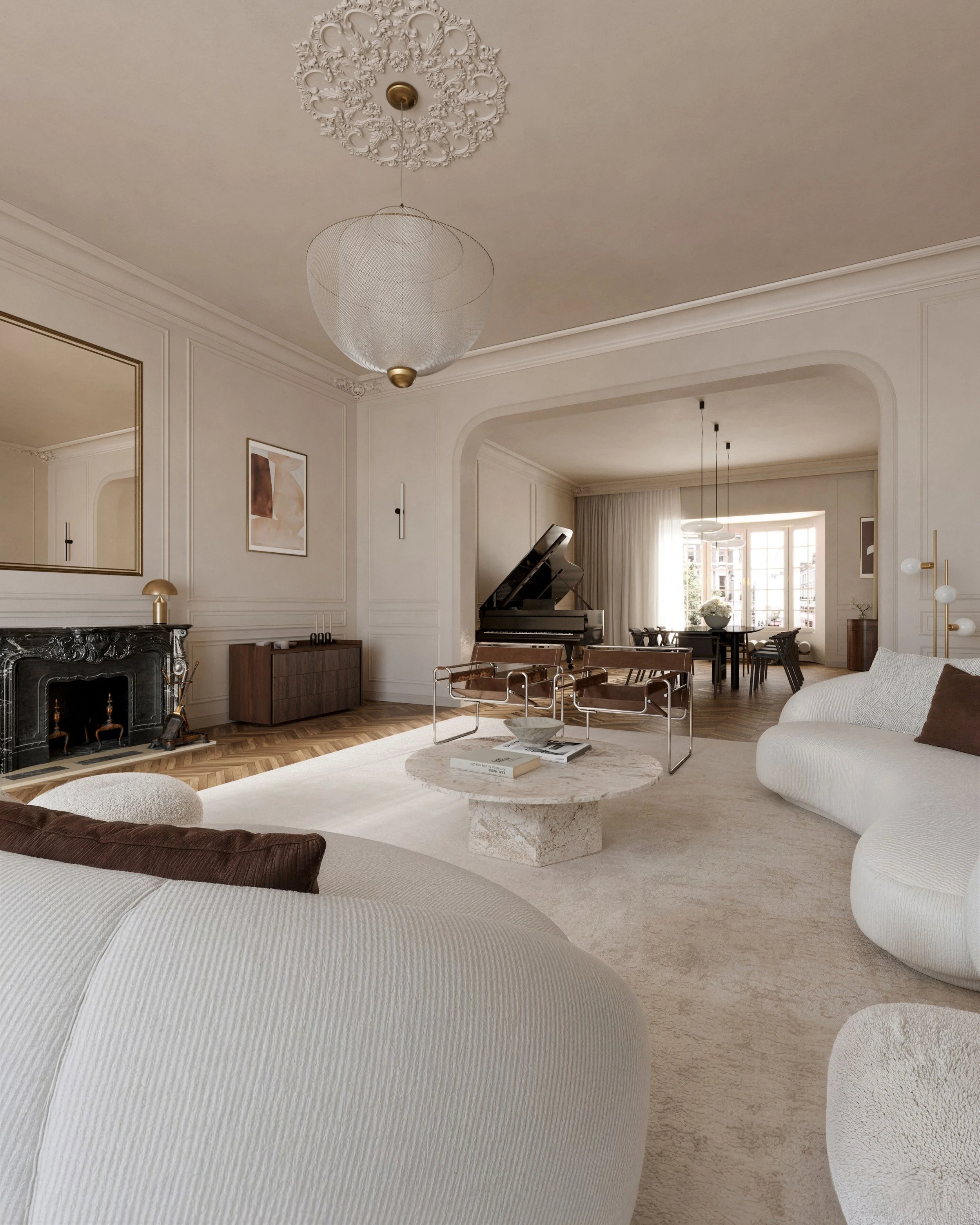 Photorealistic 3D render of a spacious living room with white walls, modern furniture, black grand piano, marble fireplace, and large windows letting in natural light.