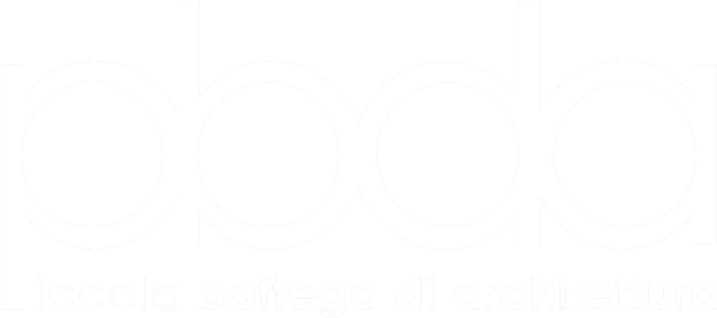 Black and white logo of Piccola Bottega Di Architettura on black background