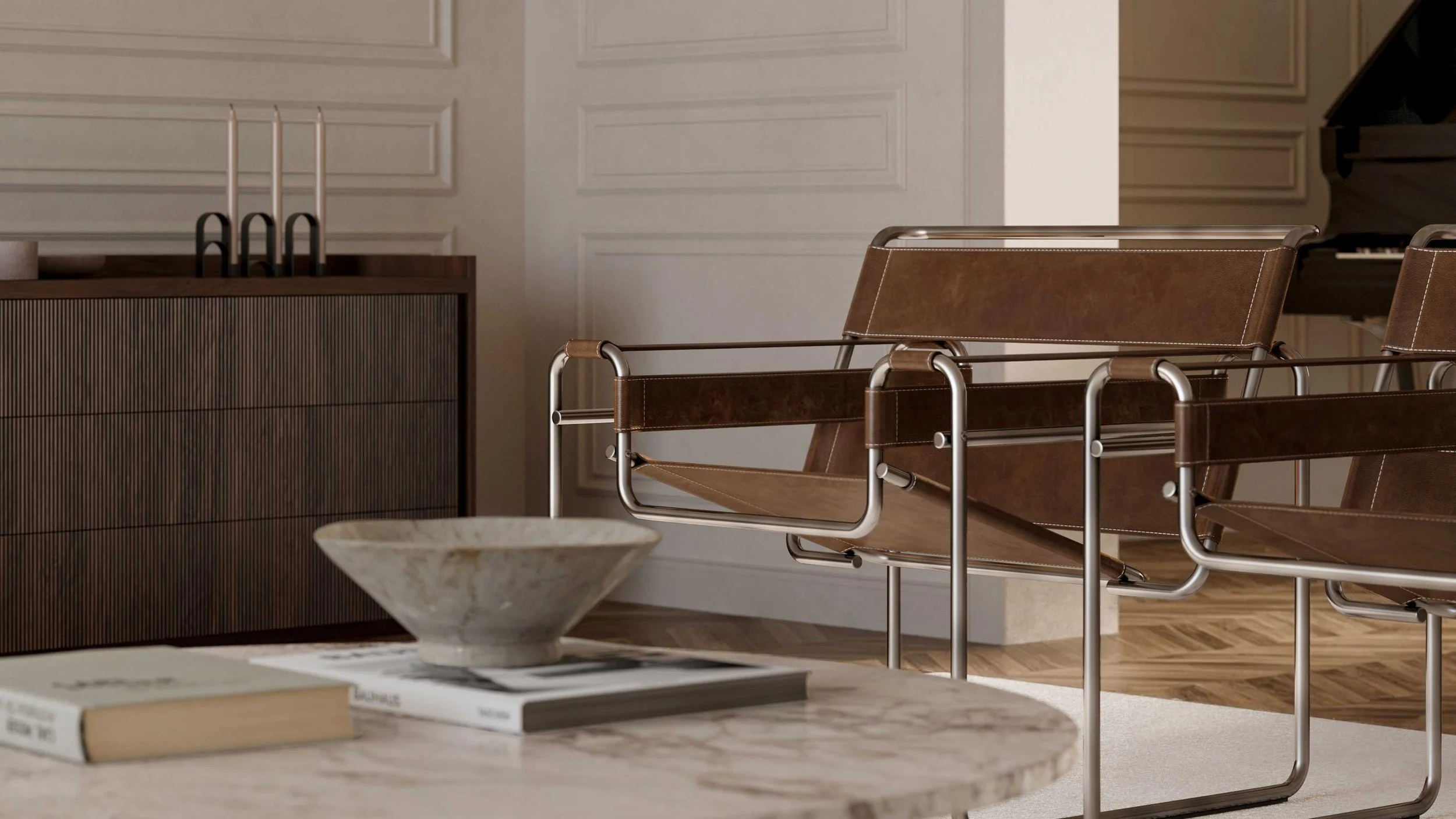 Photorealistic 3D render of a modern living room with a marble coffee table, a textured wooden sideboard, and brown leather and metal lounge chairs. A large bowl and magazines are on the coffee table.