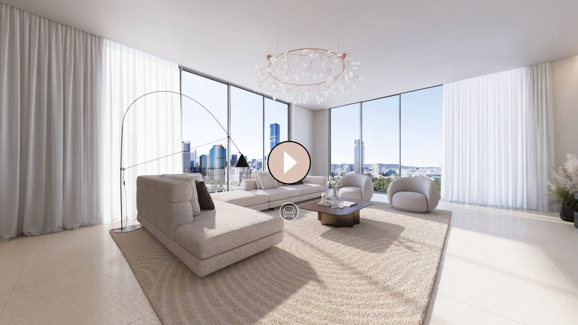 Photorealistic 360° render of a modern living room with large windows showing city skyline, light-colored sofas, a coffee table, and minimalist decor.