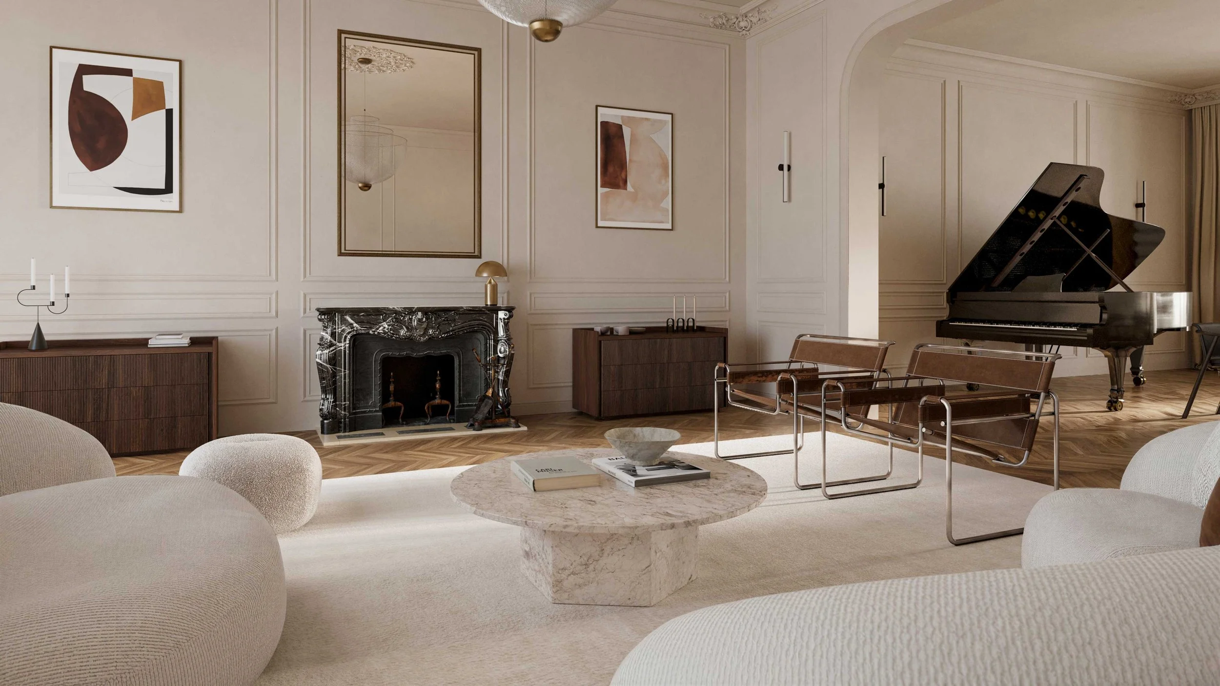 Photorealistic 3D render of an elegant living room with beige walls, modern abstract artwork, a black marble fireplace, a grand piano, and minimalist furniture including a marble coffee table and armchairs.