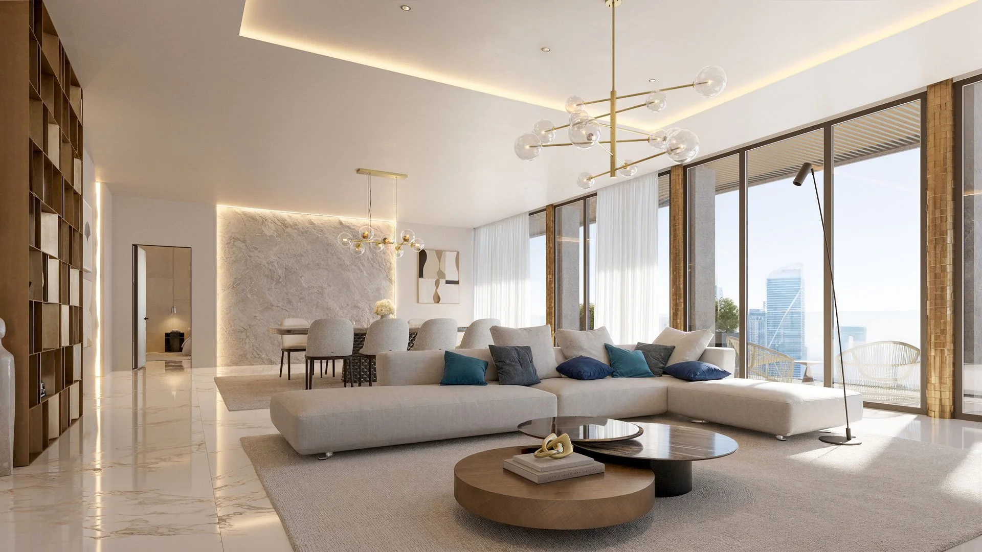 Photorealistic 3D render of a modern living room with a large L-shaped beige sofa with multiple blue and gray pillows, round wooden coffee tables and large windows with sheer white curtains offering city views.