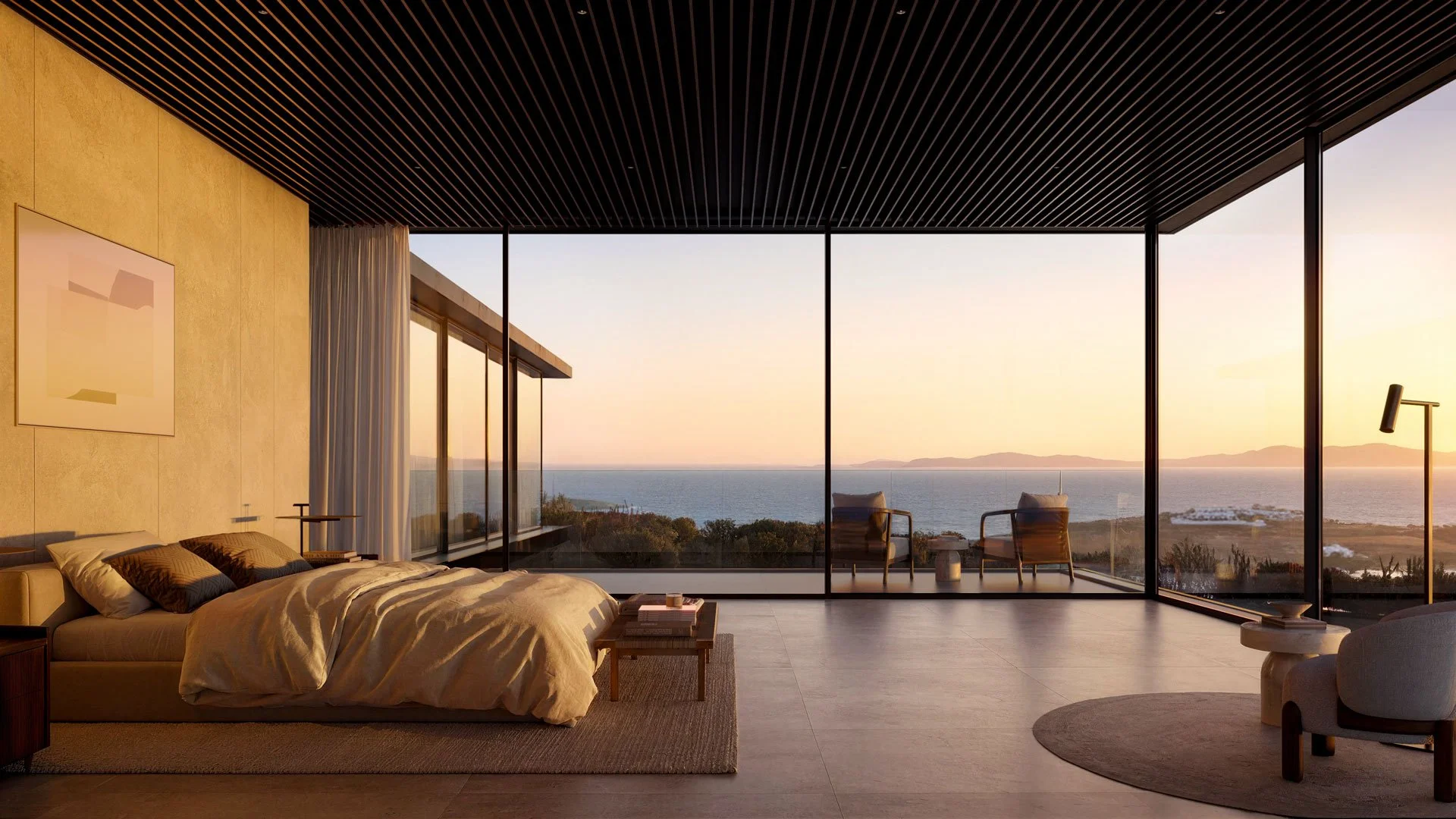 Photorealistic 3D rendering of a modern bedroom with large floor-to-ceiling windows showing a sunset view of the ocean and distant landmasses, with a bed, chairs, and minimal decor.