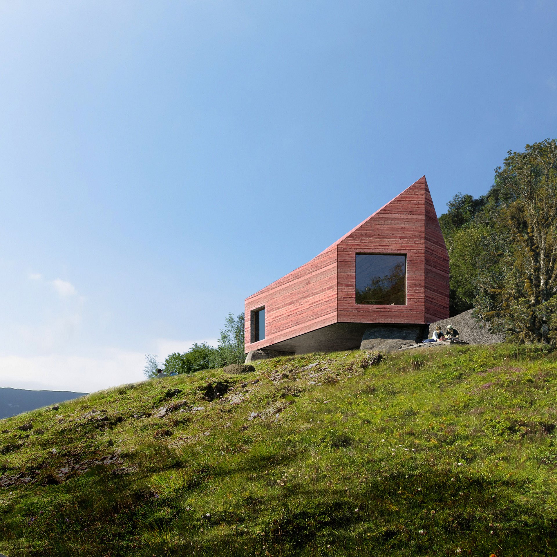 Photorealistic 3D render of a modern house built on a hillside with a unique angular design, featuring a red wooden exterior and large windows, surrounded by greenery and trees under a clear blue sky.