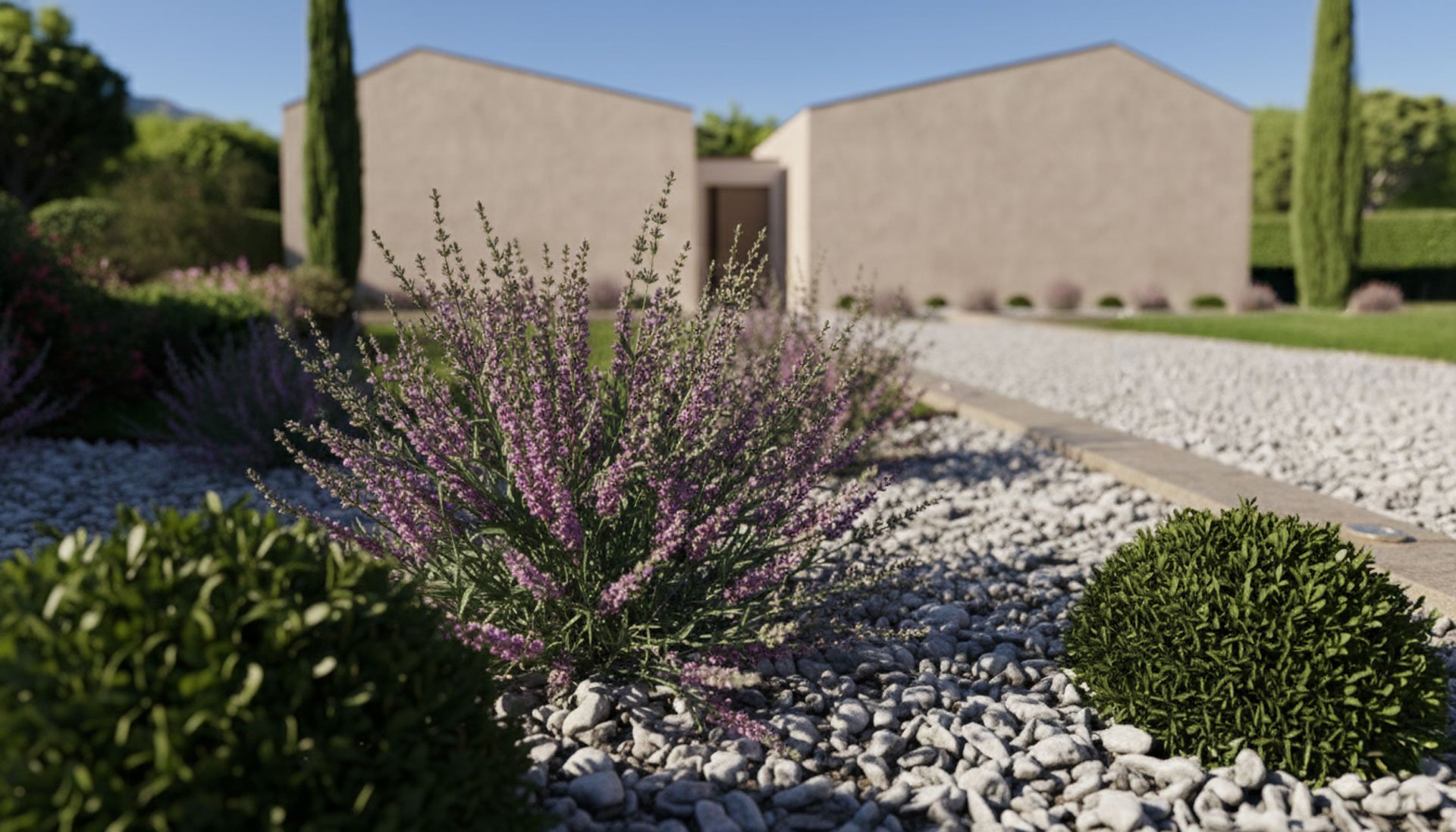 Photorealistic 3D render of a modern minimalist house with a gravel front yard, purple flowering plants, and neatly trimmed bushes.